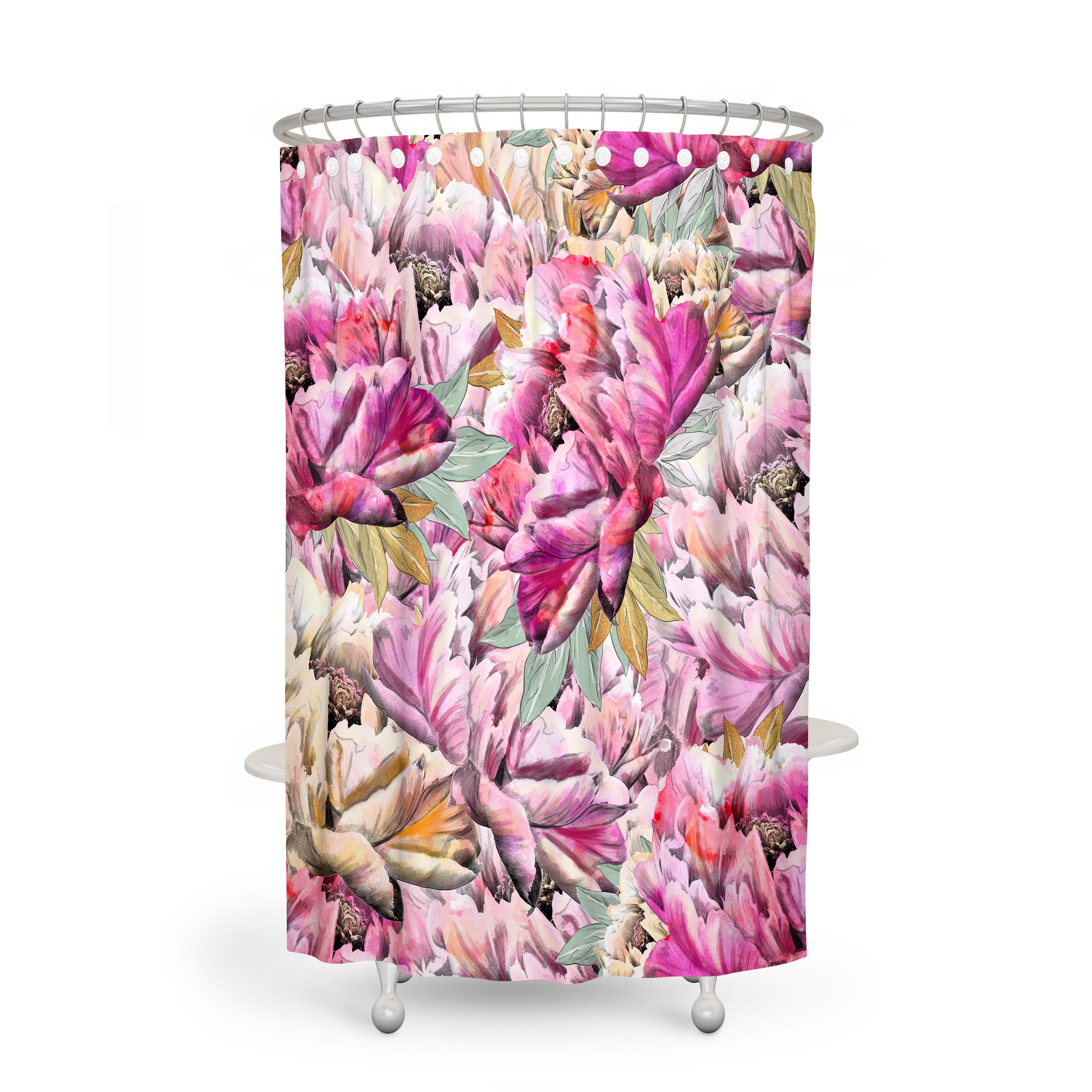 Pink Floral Shower Curtain - Feminine Bath Curtain with Optional Towels and Mat for Elegant Bathroom Decor - Image 2