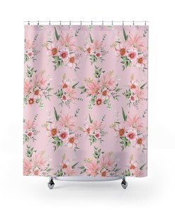 Pink Flowers Shower Curtain, 71 x 71 Inch Curtain, Botanical Bath Curtain, Bathroom Decor