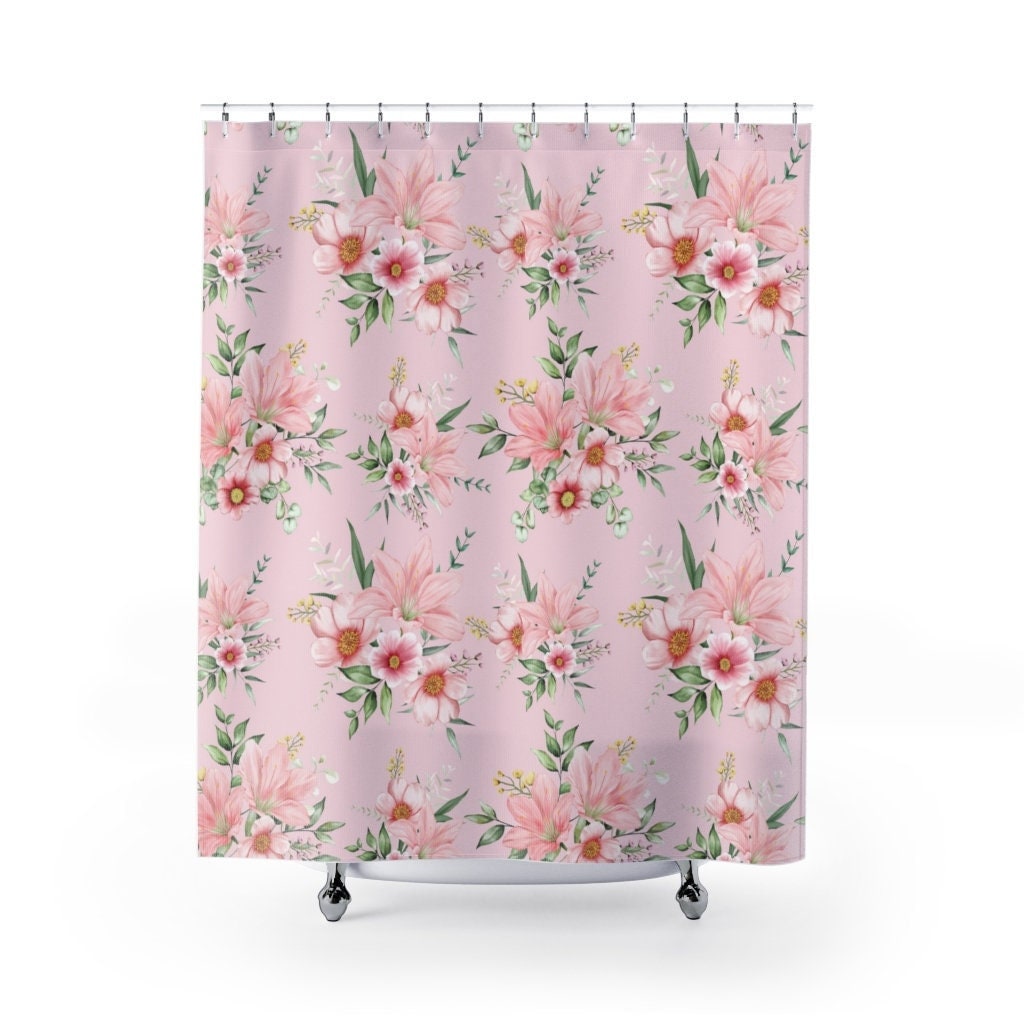 Pink Flowers Shower Curtain, 71 x 71 Inch Curtain, Botanical Bath Curtain, Bathroom Decor
