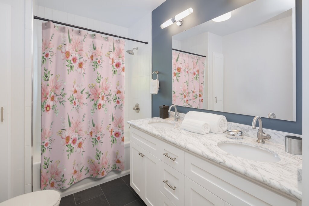 Pink Flowers Shower Curtain, 71 x 71 Inch Curtain, Botanical Bath Curtain, Bathroom Decor - Image 2