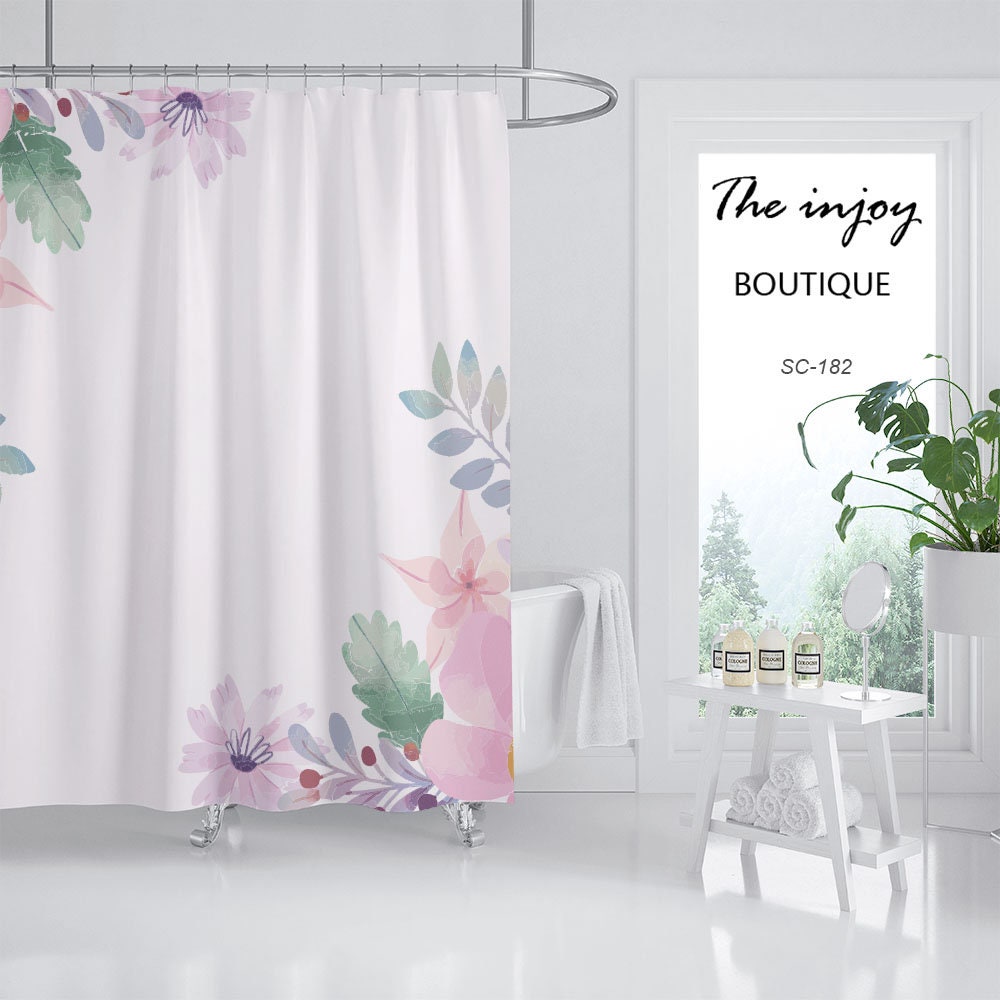 Pink Flowers Shower Curtain, Spring Leaf Plant Bathroom Decor, Custom Size Shower Curtains with a Unique Design - Image 2