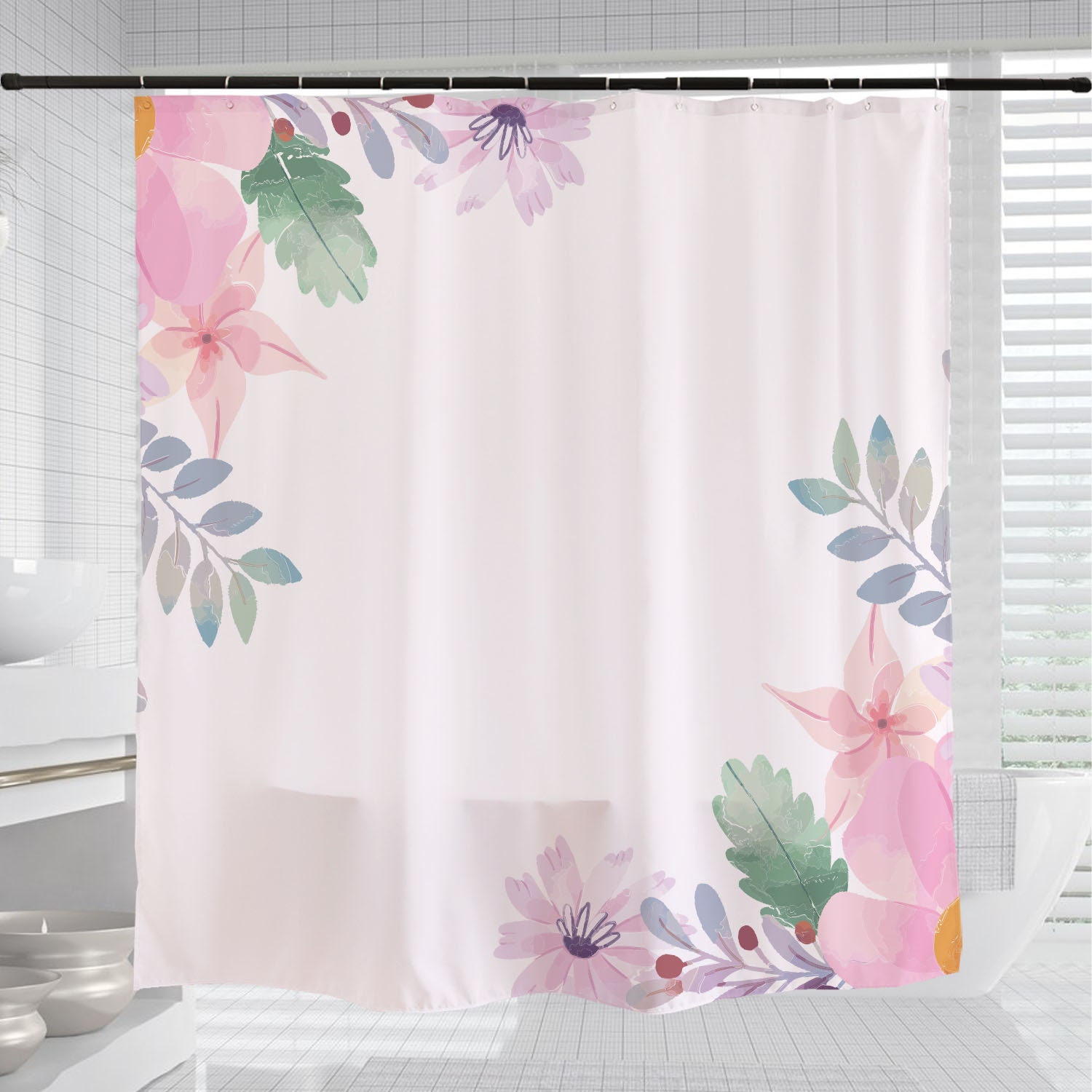 Pink Flowers Shower Curtain, Spring Leaf Plant Bathroom Decor, Custom Size Shower Curtains with a Unique Design - Image 3