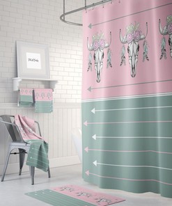 Pink Green Boho Bull Skull Shower Curtain, Optional Bath Mat and Towels, Bathroom Set, Unique Bohemian Decor