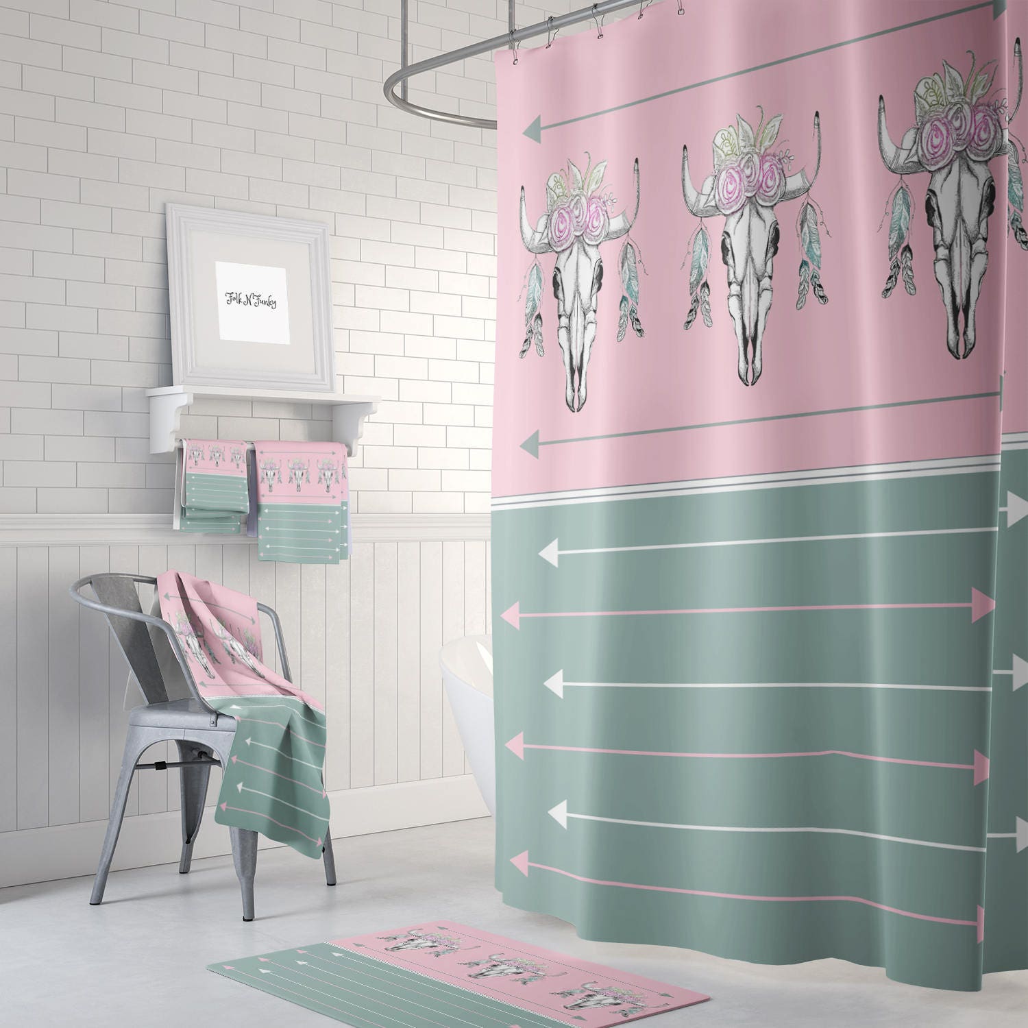 Pink Green Boho Bull Skull Shower Curtain, Optional Bath Mat and Towels, Bathroom Set, Unique Bohemian Decor