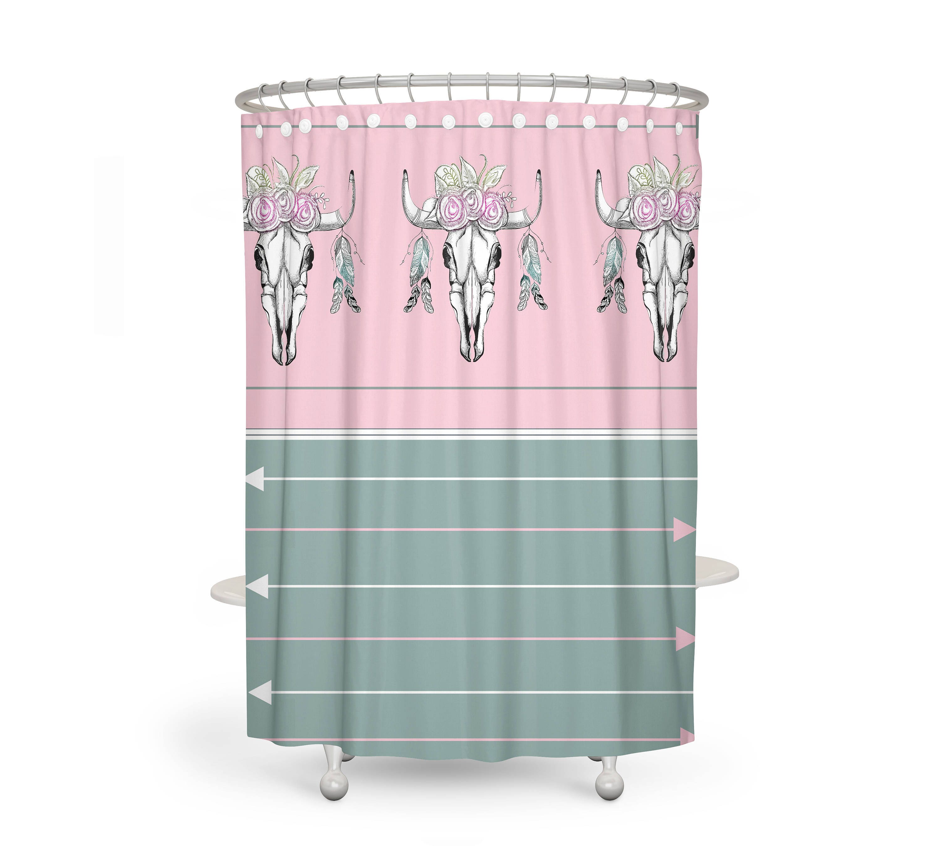 Pink Green Boho Bull Skull Shower Curtain, Optional Bath Mat and Towels, Bathroom Set, Unique Bohemian Decor - Image 2