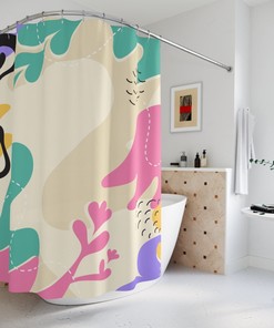 Pink Leaves Retro Shapes Shower Curtain or Mat | Minimalistic Contemporary Art | Apartment Bathroom Curtain