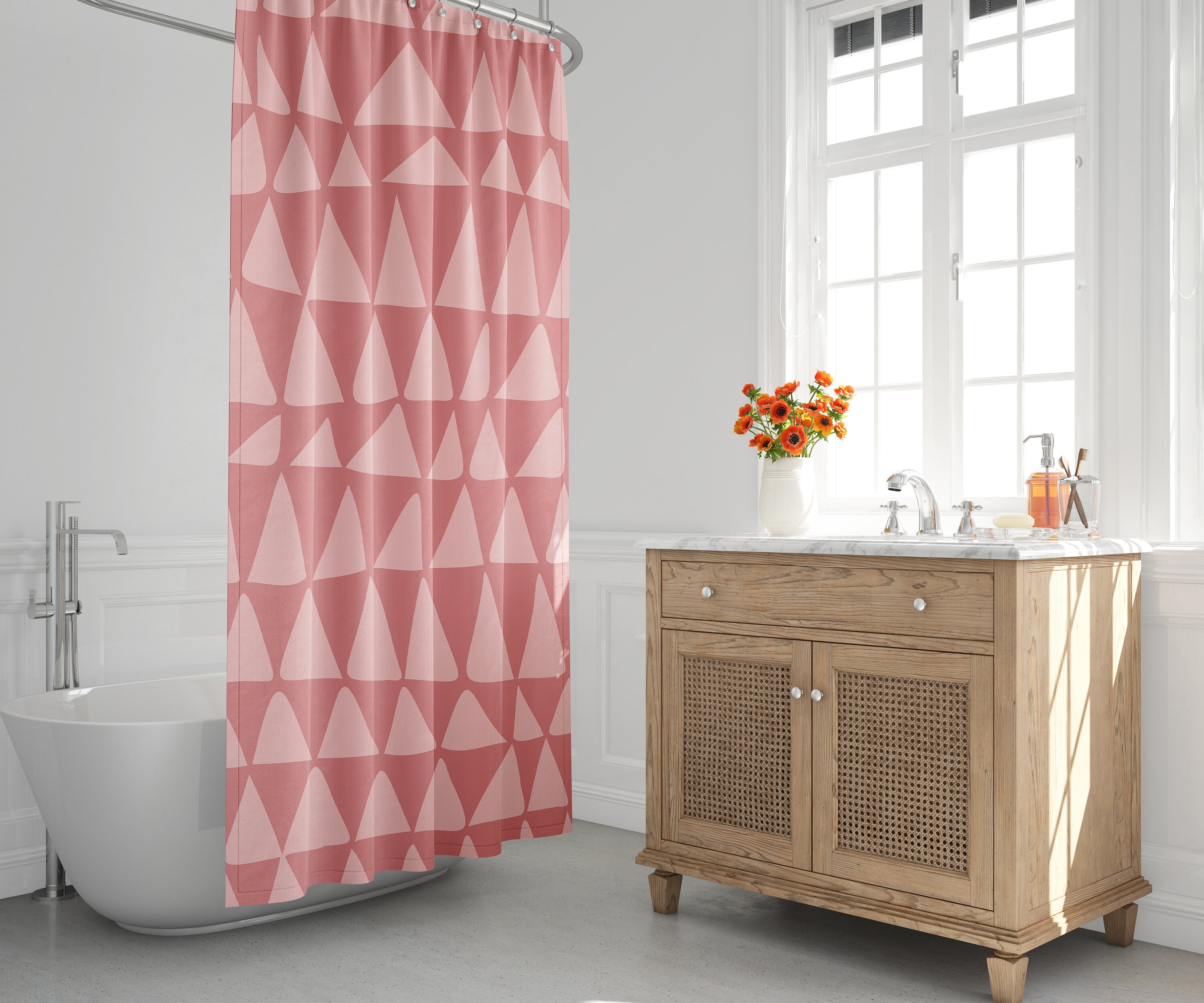 Pink Mid Century Modern Tribal Triangle Shower Curtain - Extra Long, Contemporary Bath Decor