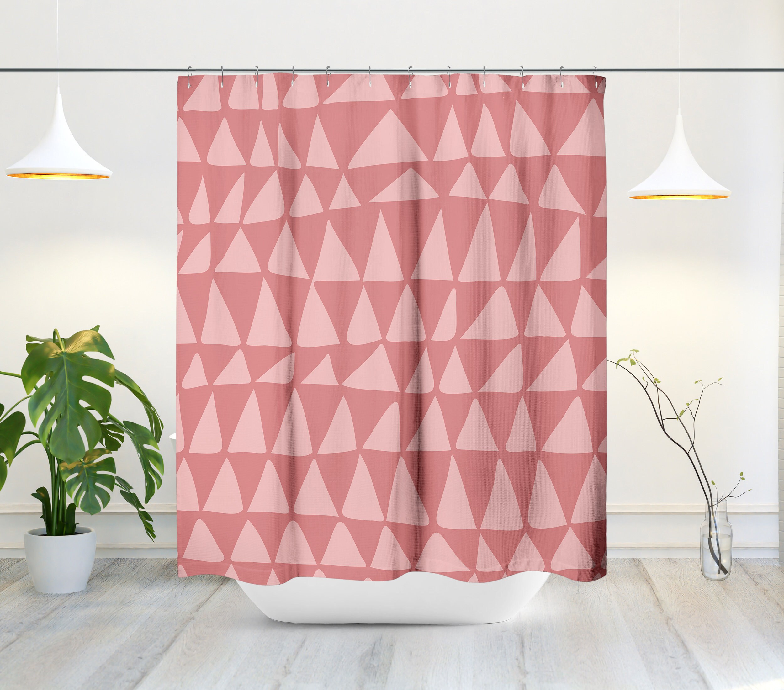 Pink Mid Century Modern Tribal Triangle Shower Curtain - Extra Long, Contemporary Bath Decor - Image 2
