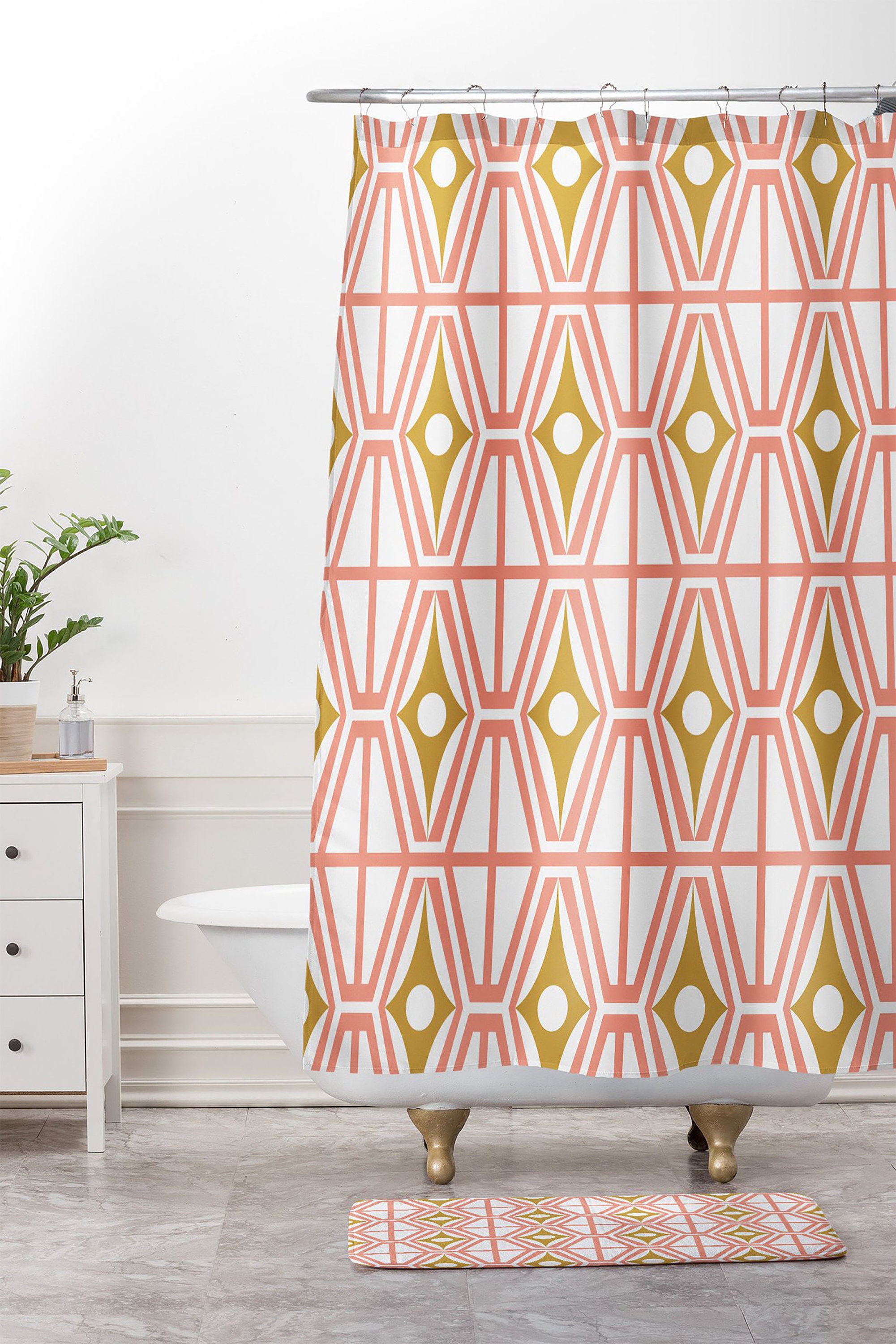 Pink Midcentury Modern Shower Curtain | Geometric Fabric Bath Curtain | Retro Bathroom Decor