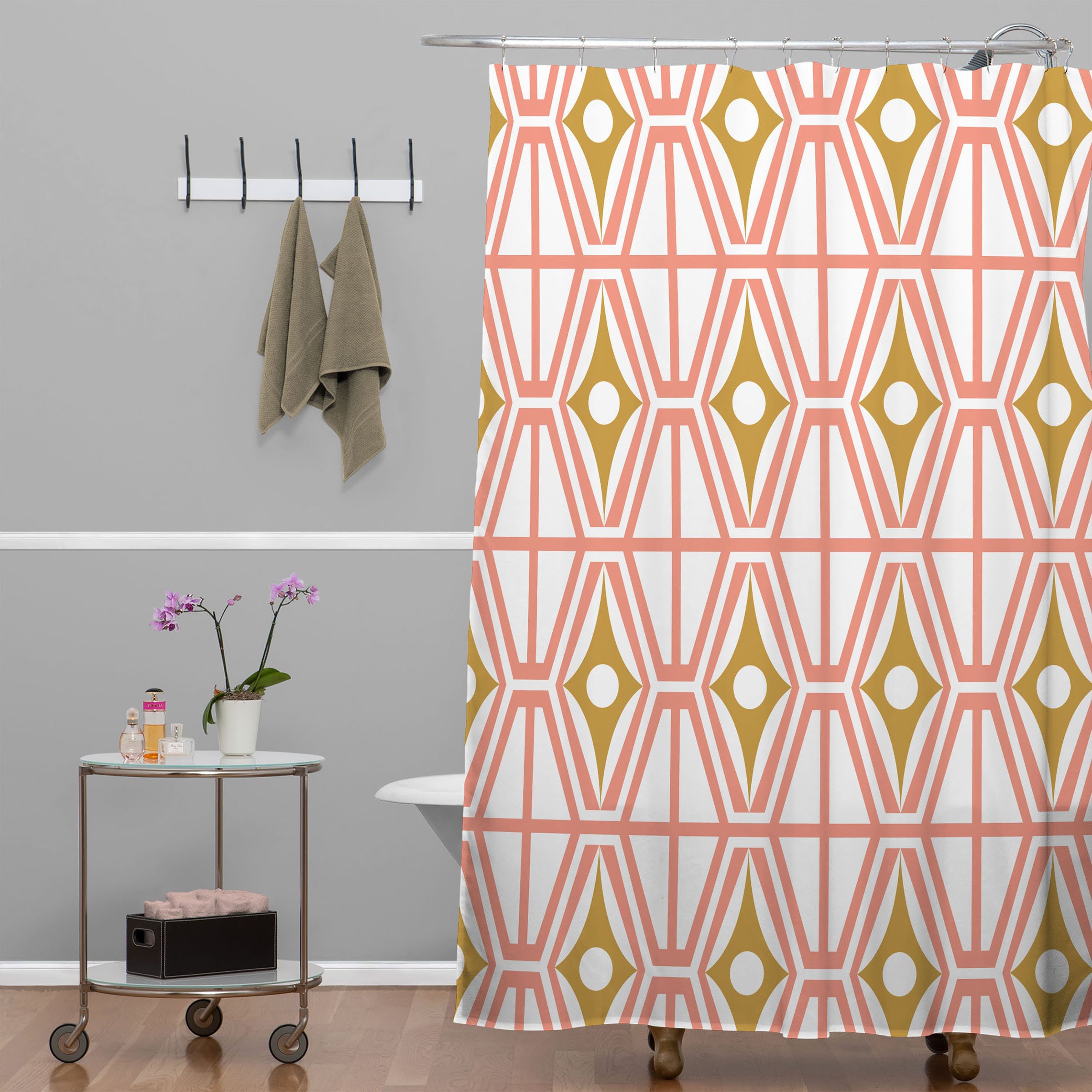 Pink Midcentury Modern Shower Curtain | Geometric Fabric Bath Curtain | Retro Bathroom Decor - Image 3