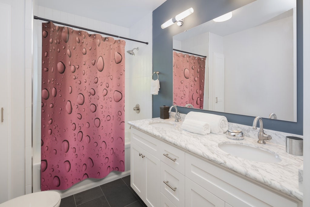 Pink & Rose Gold Ombre Water Droplets Shower Curtain | Modern Bathroom Decor | Raindrop Design | Unique Shower Curtains - Image 2