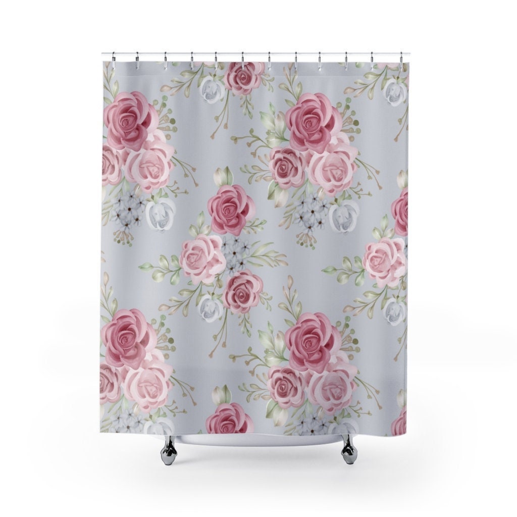 Pink Roses on Gray Shower Curtain | Contemporary Floral Pattern | Girls' Bathroom Decor | Bath Curtain