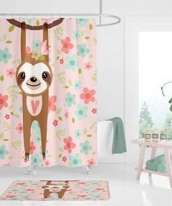 Pink Sloth Shower Curtain - Cute Bath Curtain with Sloth-Printed Towels and Mat for Playful Bathroom Decor