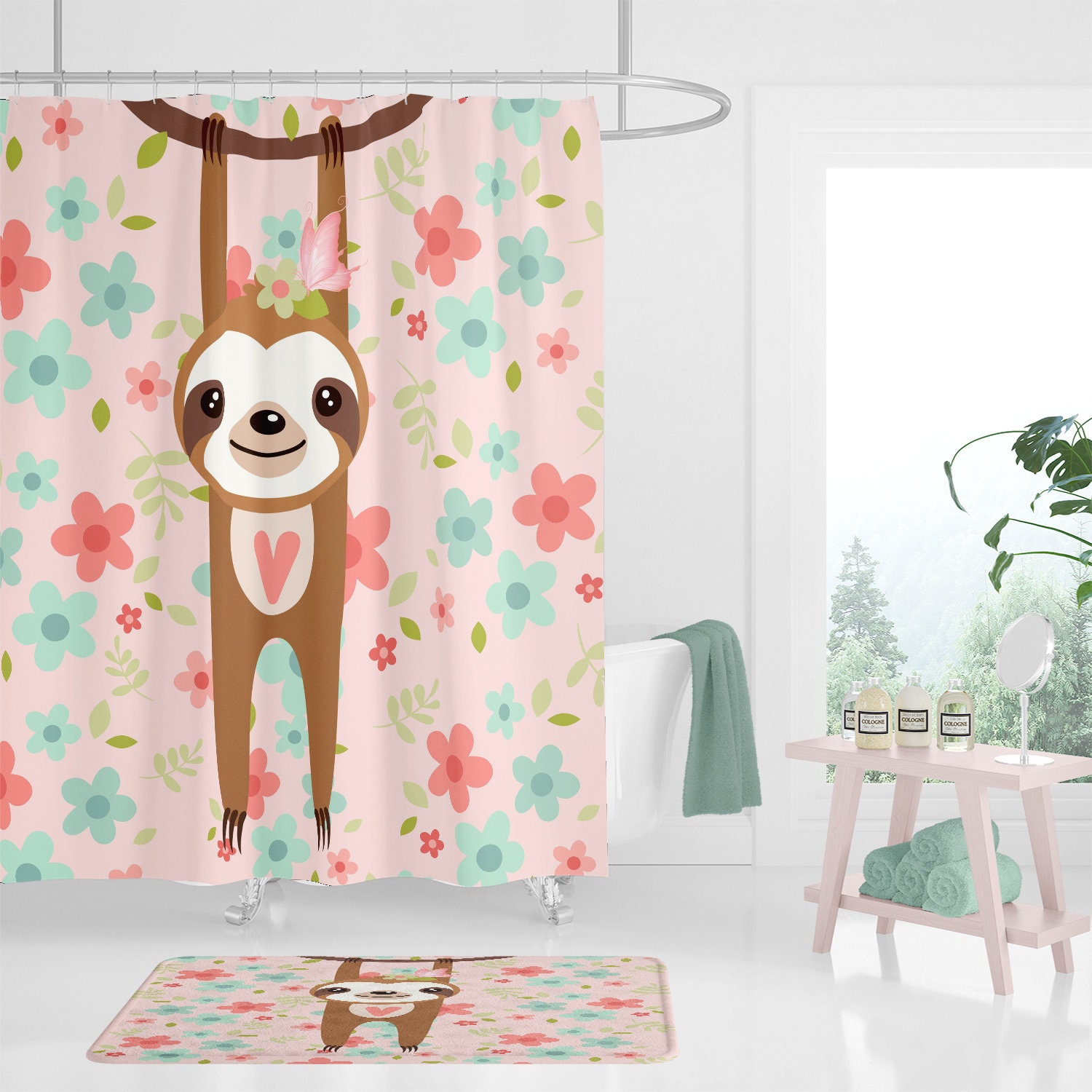 Pink Sloth Shower Curtain - Cute Bath Curtain with Sloth-Printed Towels and Mat for Playful Bathroom Decor