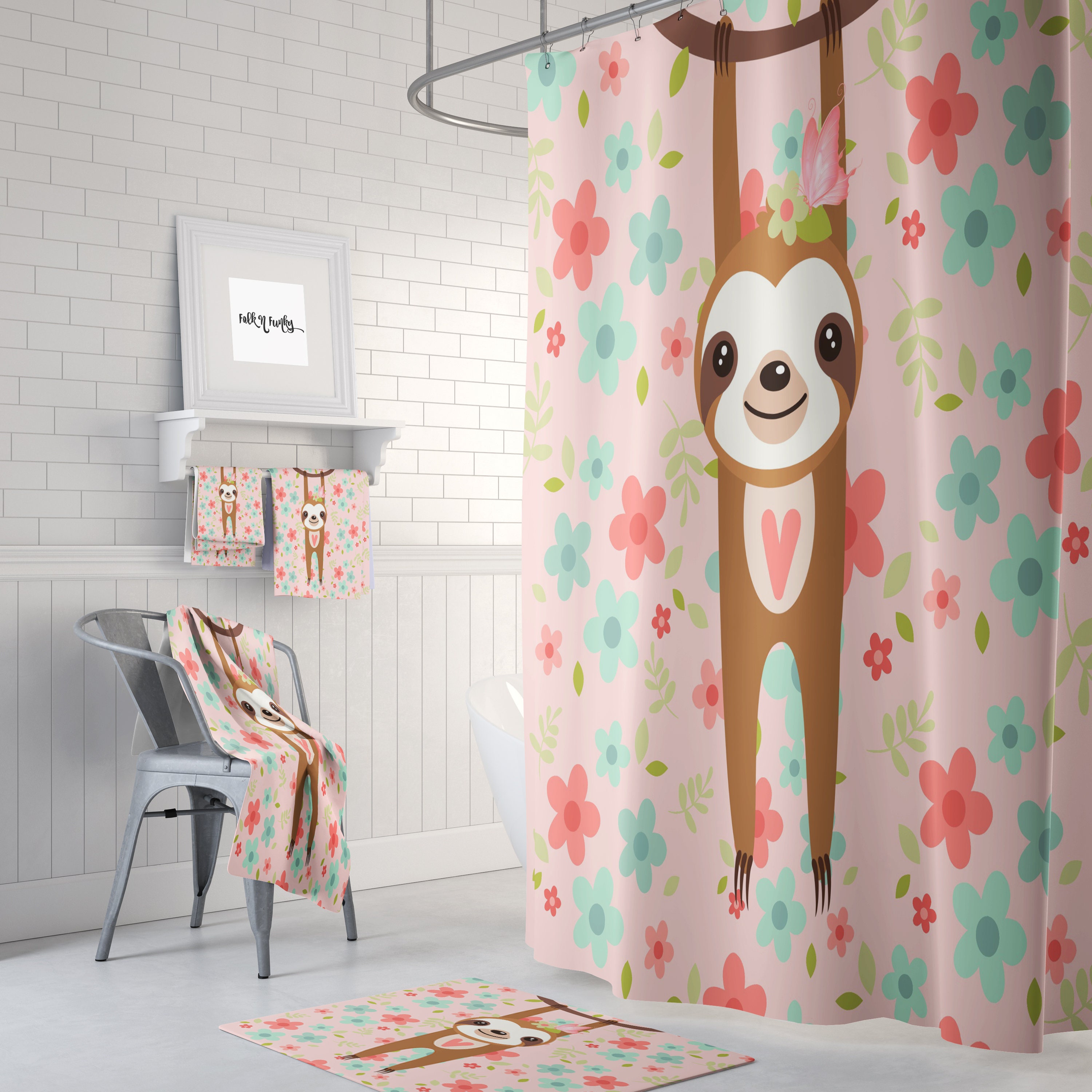 Pink Sloth Shower Curtain - Cute Bath Curtain with Sloth-Printed Towels and Mat for Playful Bathroom Decor - Image 2