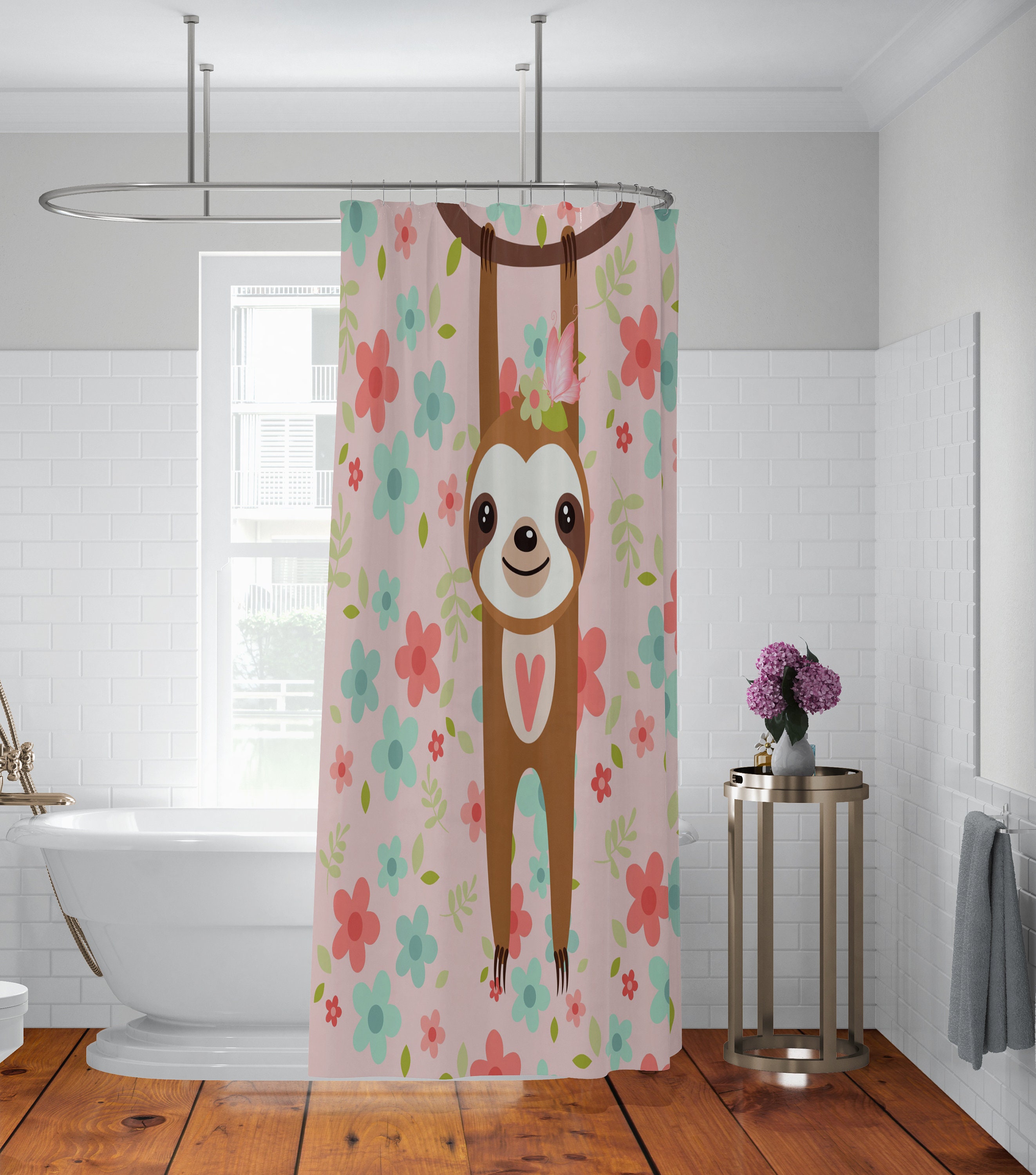 Pink Sloth Shower Curtain - Cute Bath Curtain with Sloth-Printed Towels and Mat for Playful Bathroom Decor - Image 3