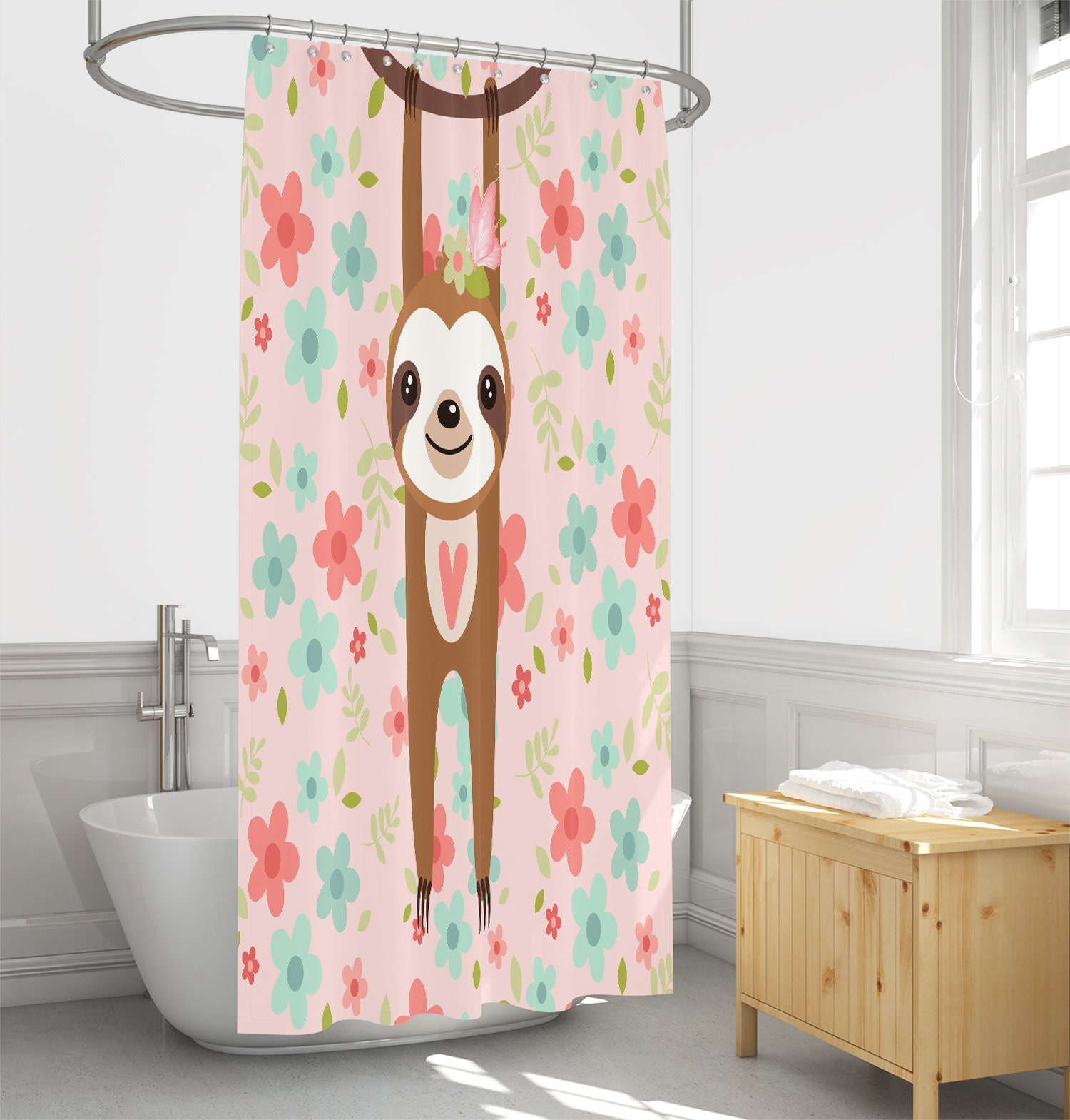 Pink Sloth Shower Curtain - Cute Bath Curtain with Sloth-Printed Towels and Mat for Playful Bathroom Decor - Image 4