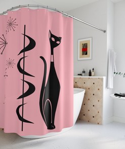 Pink Starburst Boomerang Atomic Cat Mod Retro Shower Curtain for a Vintage-Inspired Bathroom