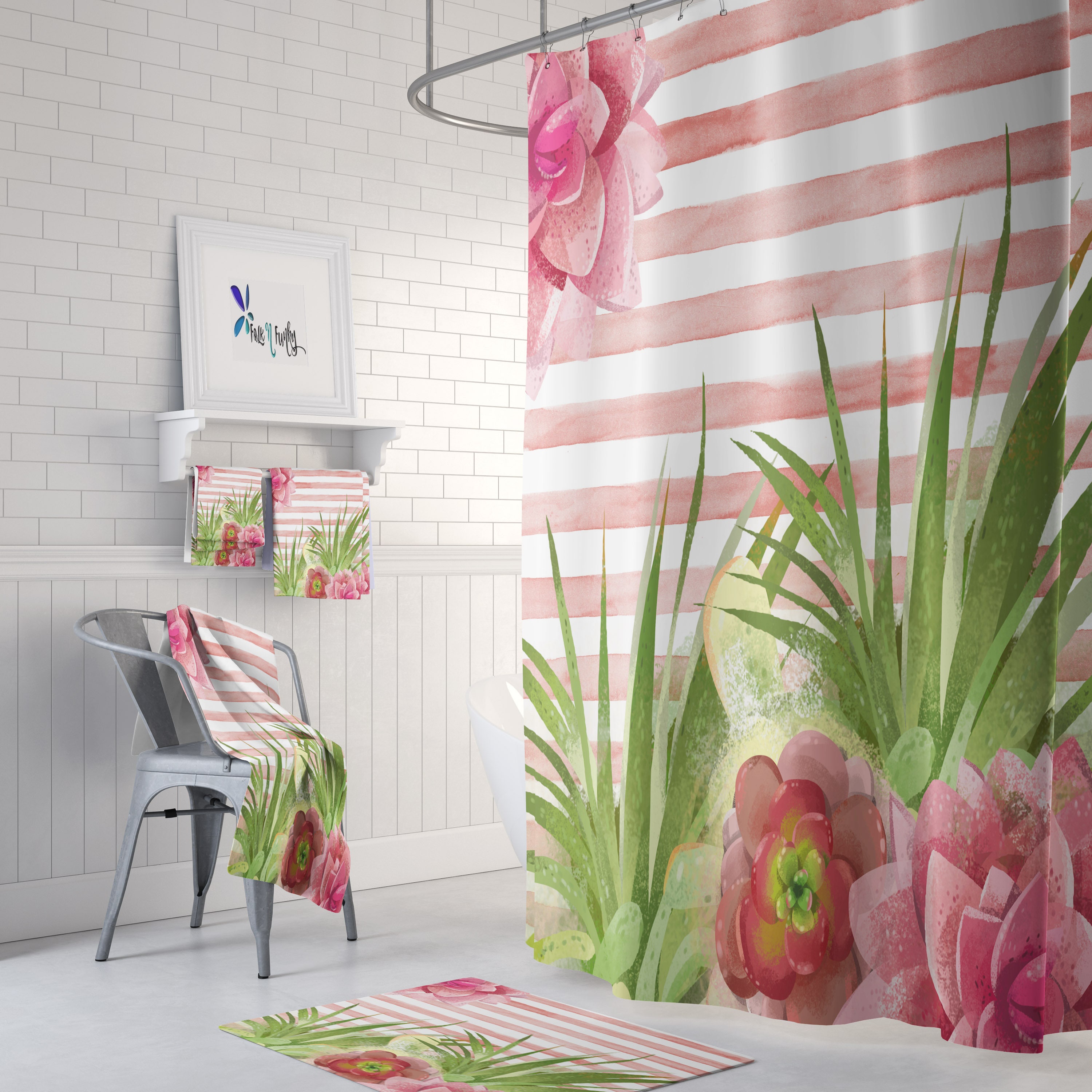 Pink Succulent Cactus Shower Curtain Set with Colorful Bath Accessories