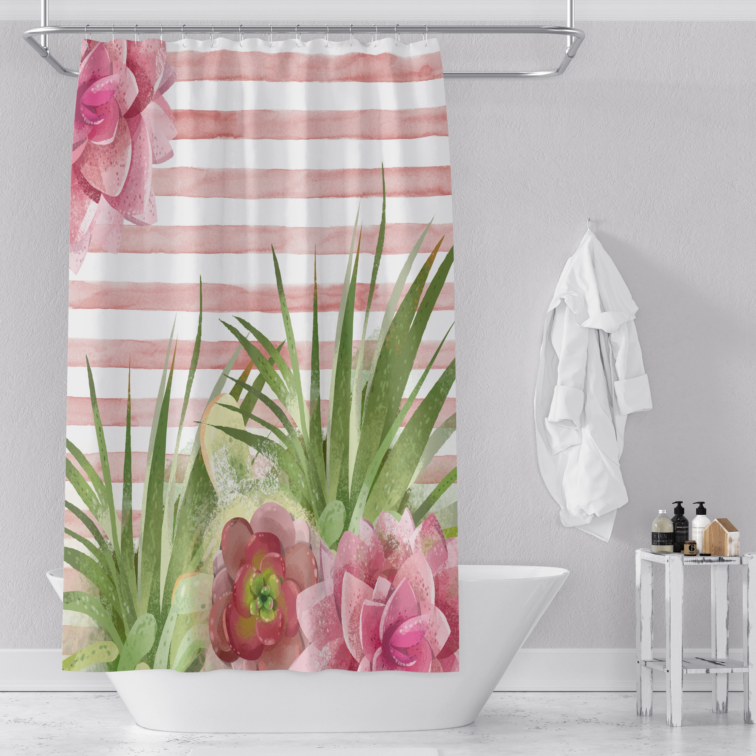 Pink Succulent Cactus Shower Curtain Set with Colorful Bath Accessories - Image 2