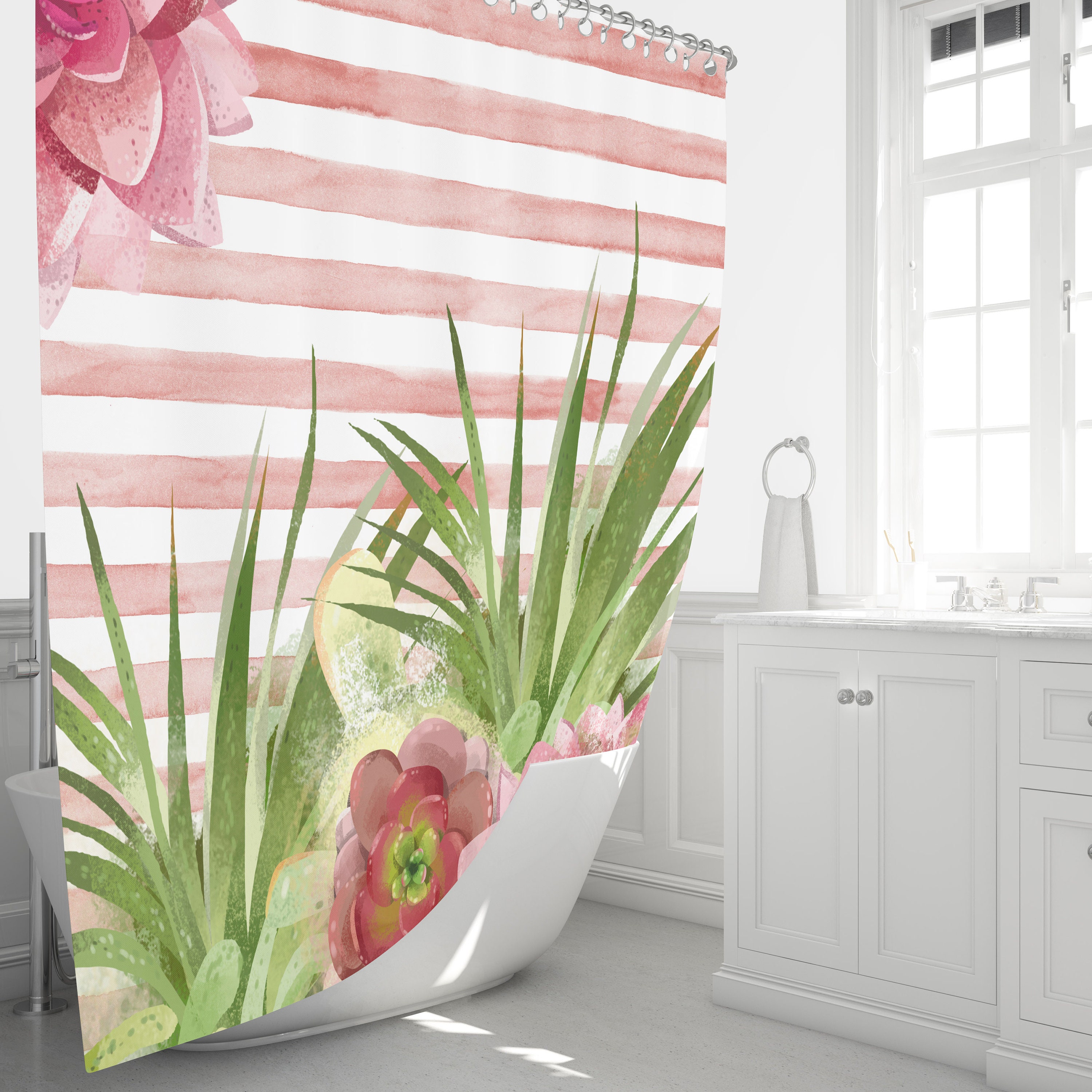 Pink Succulent Cactus Shower Curtain Set with Colorful Bath Accessories - Image 3