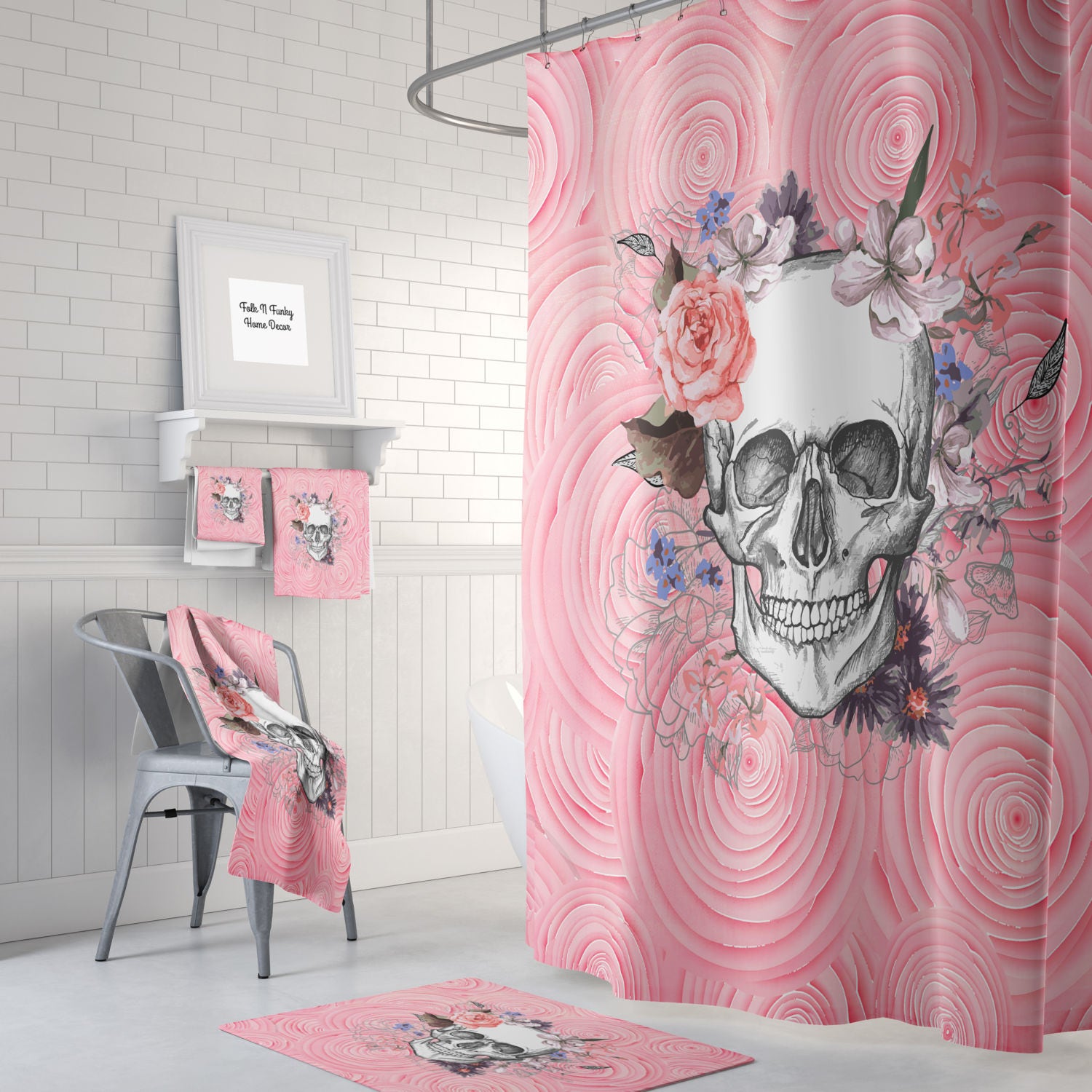 Pink Sugar Skull Shower Curtain with Gothic Bathroom Decor