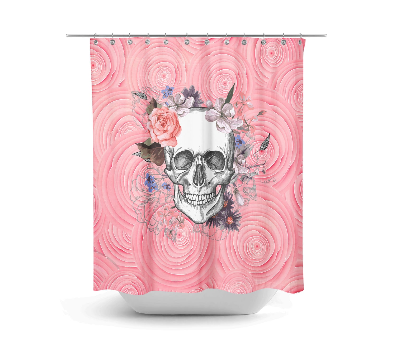 Pink Sugar Skull Shower Curtain with Gothic Bathroom Decor - Image 2
