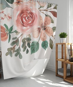 Pink Watercolor Floral Shower Curtain | Botanical Summer Flowers and Leaves | Fabric Bathroom Curtain Mat