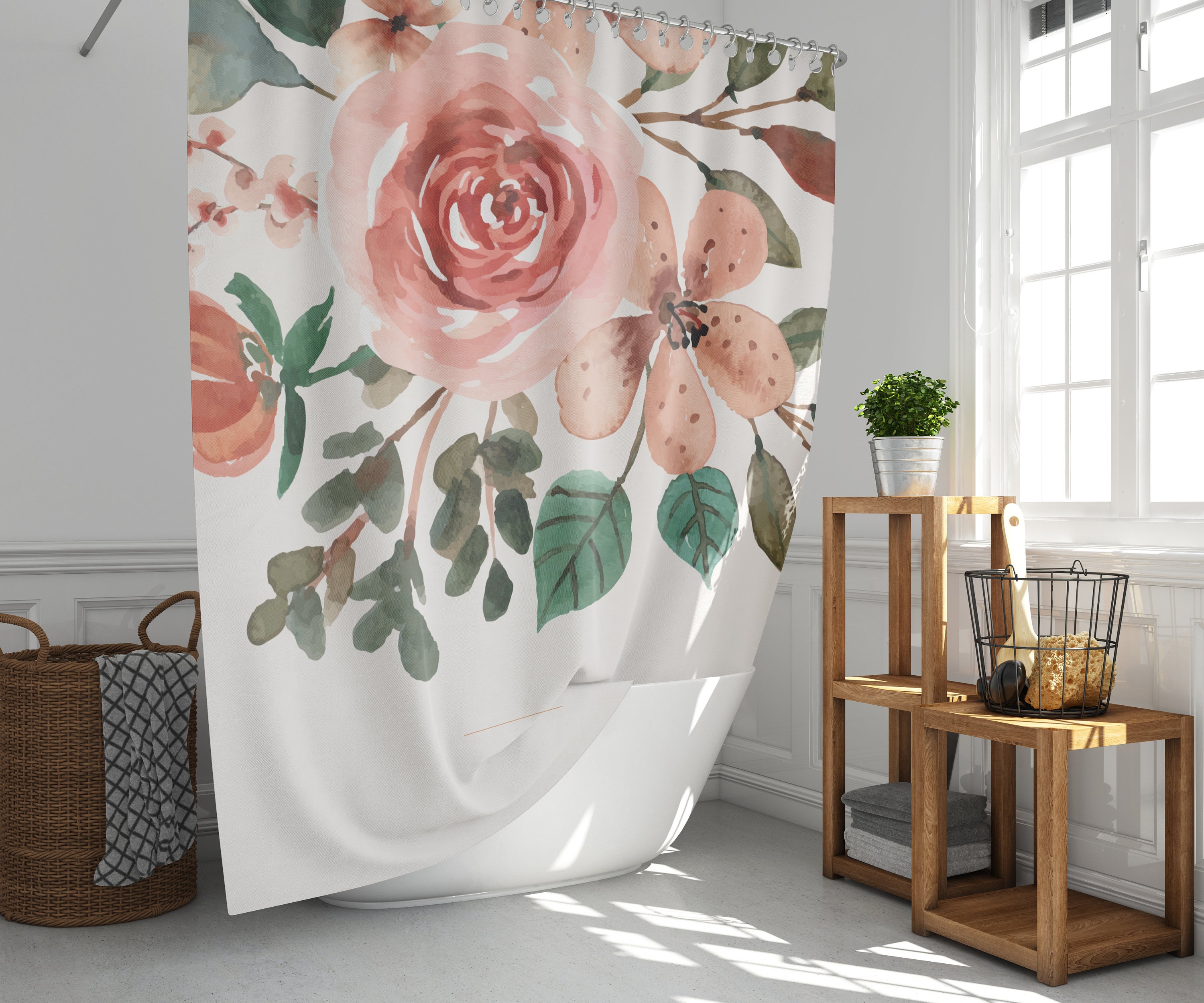 Pink Watercolor Floral Shower Curtain | Botanical Summer Flowers and Leaves | Fabric Bathroom Curtain Mat