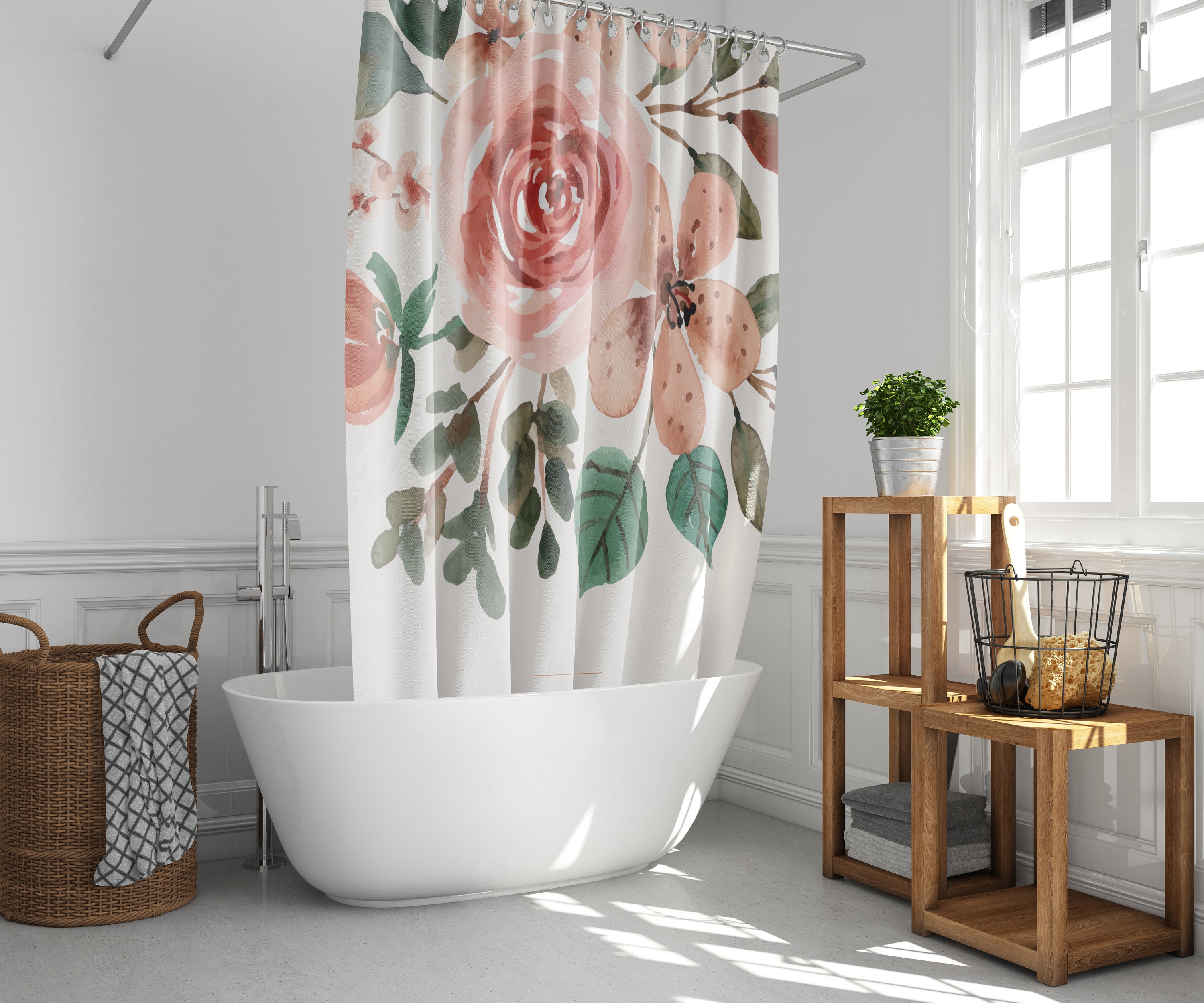 Pink Watercolor Floral Shower Curtain | Botanical Summer Flowers and Leaves | Fabric Bathroom Curtain Mat - Image 2