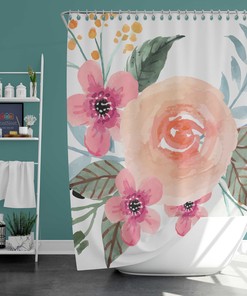 Pink Watercolor Floral Shower Curtain | Summer Flowers | Fabric Bathroom Curtain | Home Bath Decor Accessories