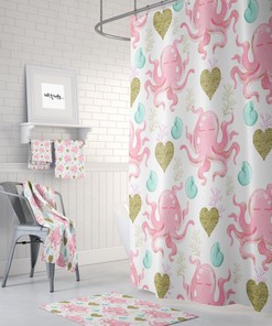 Pink and Gold Boho Octopus Shower Curtain with Coordinated Bathroom Accessories
