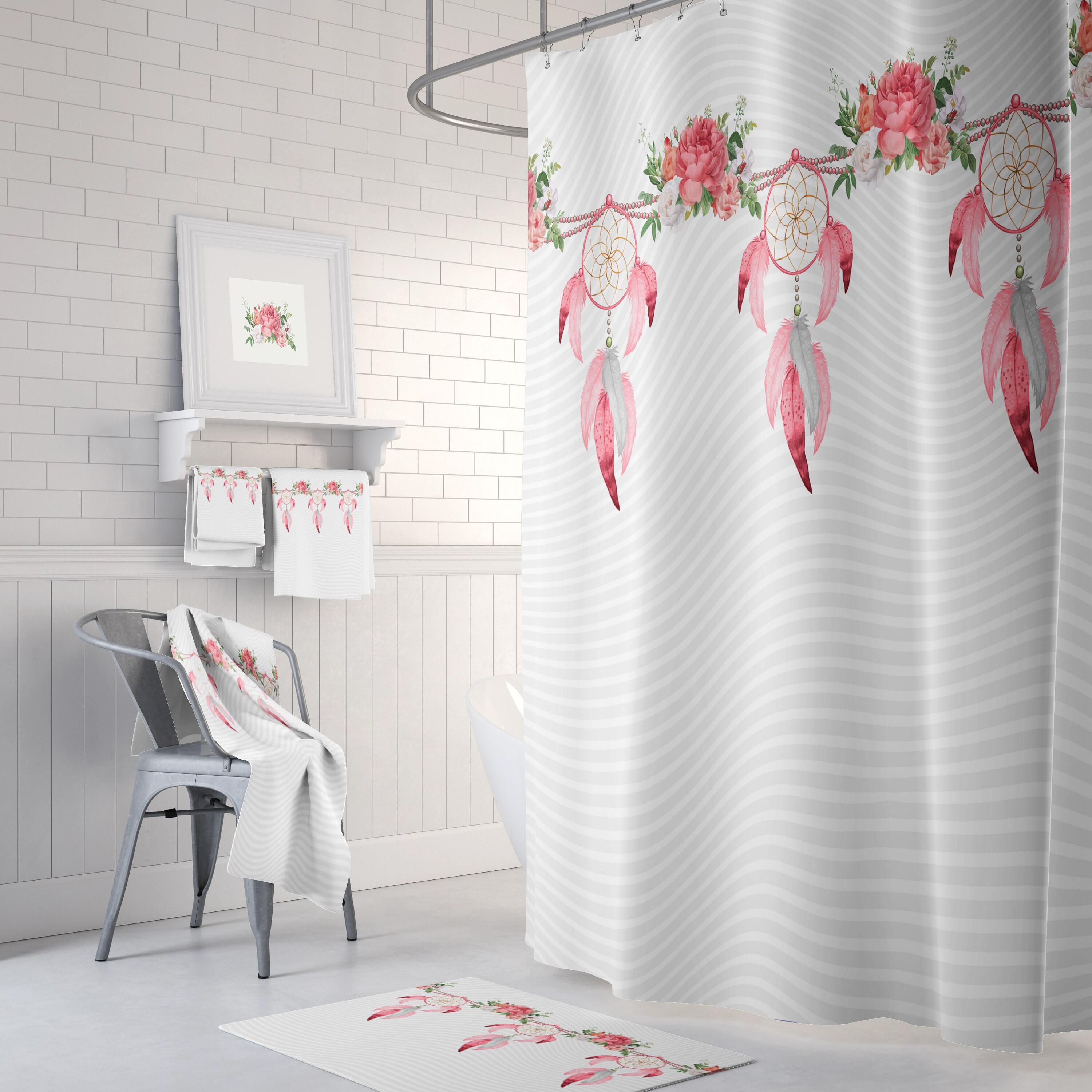 Pink and Gray Boho Dreamcatcher Shower Curtain with Optional Towels and Bath Mat.