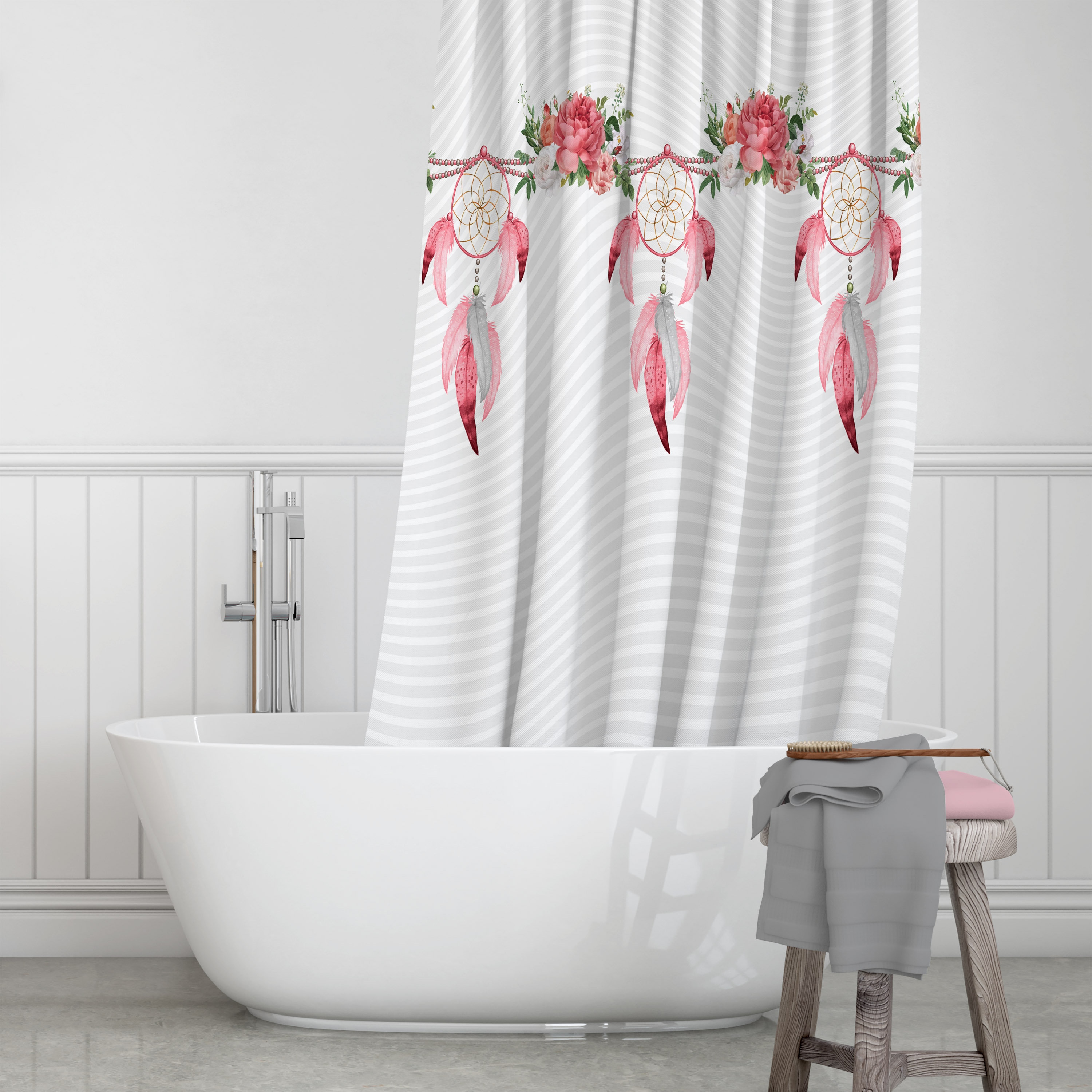 Pink and Gray Boho Dreamcatcher Shower Curtain with Optional Towels and Bath Mat. - Image 2