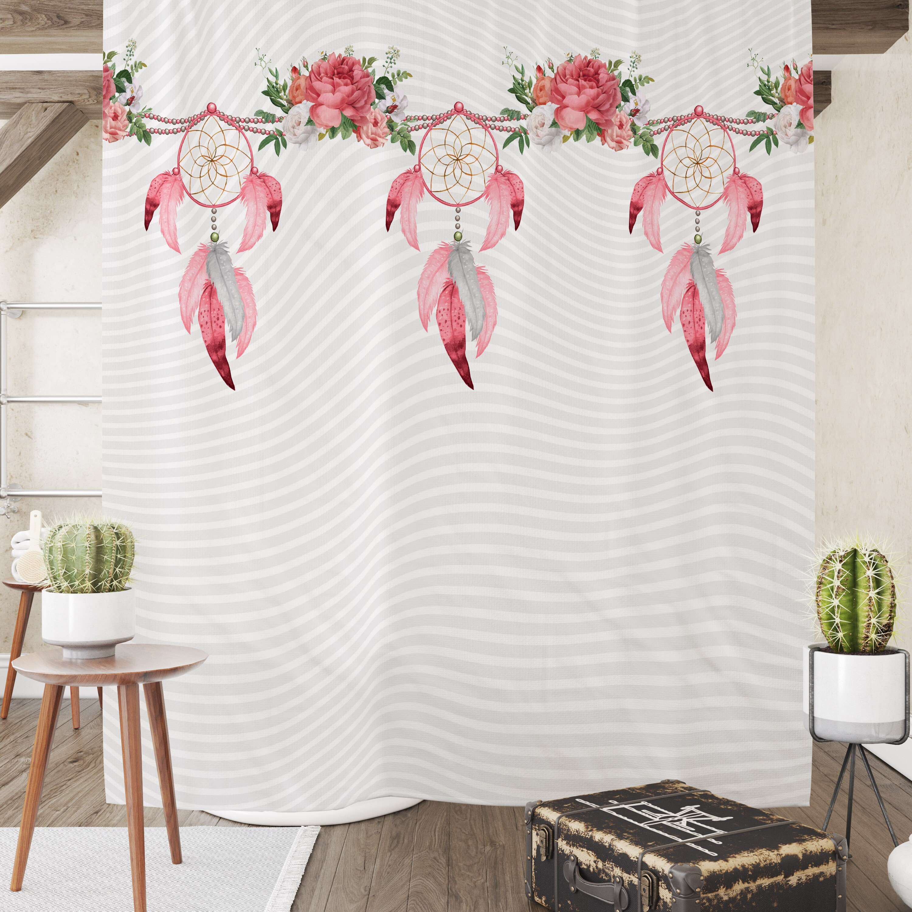 Pink and Gray Boho Dreamcatcher Shower Curtain with Optional Towels and Bath Mat. - Image 3