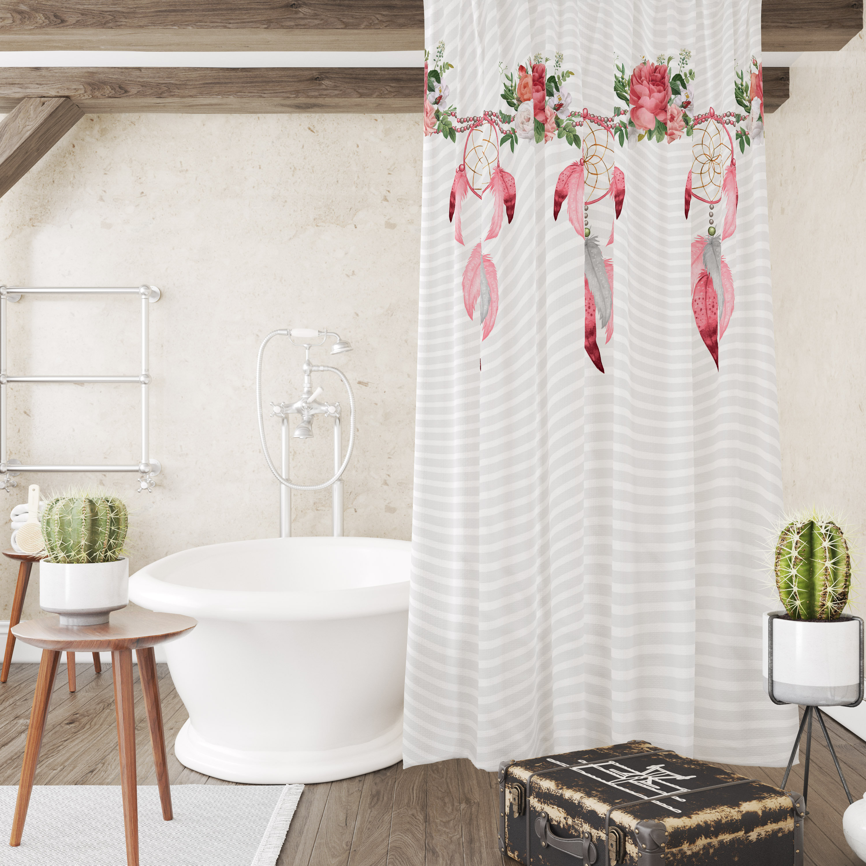 Pink and Gray Boho Dreamcatcher Shower Curtain with Optional Towels and Bath Mat. - Image 4