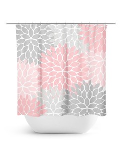Pink and Gray Shabby Chic Shower Curtain, Elegant Floral Bath Decor for Pink Bathroom with Fabric Material