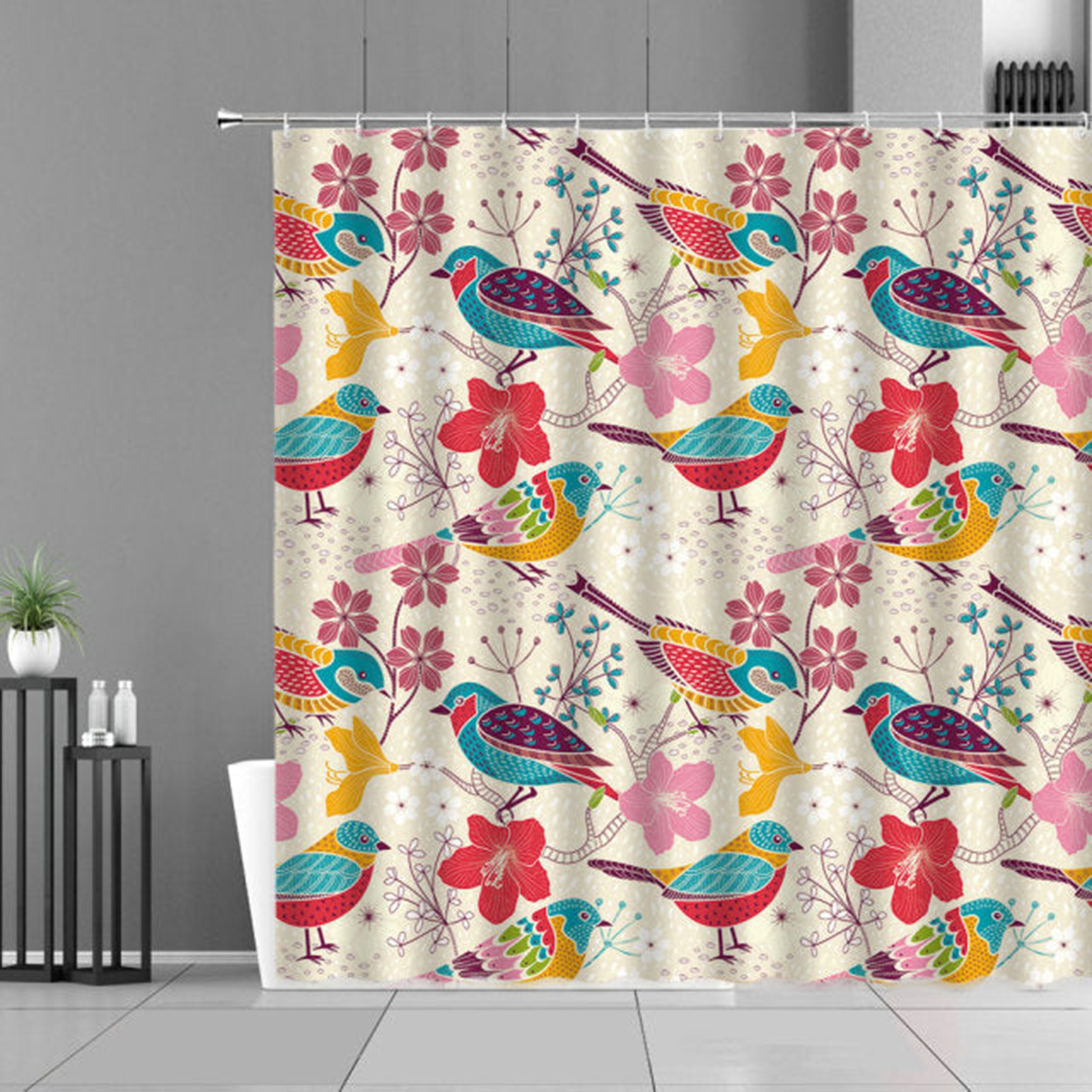 Pink blue yellow Fabric Shower Curtain | Colorful bird in spring garden | Home bath decor accessories