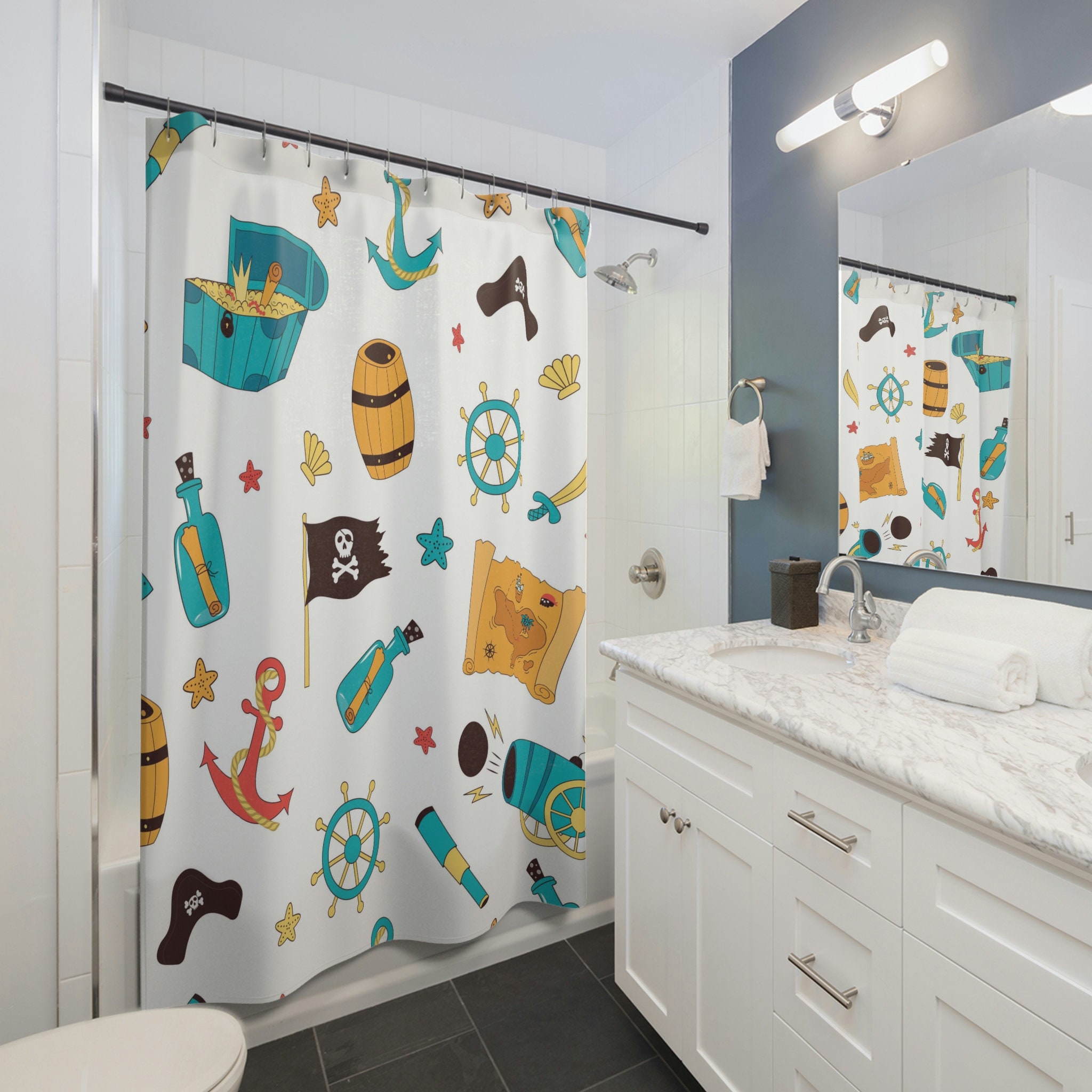 Pirate-Themed Shower Curtain with Nautical Print - Sea Sailor & Ocean Theme Bathroom Decor