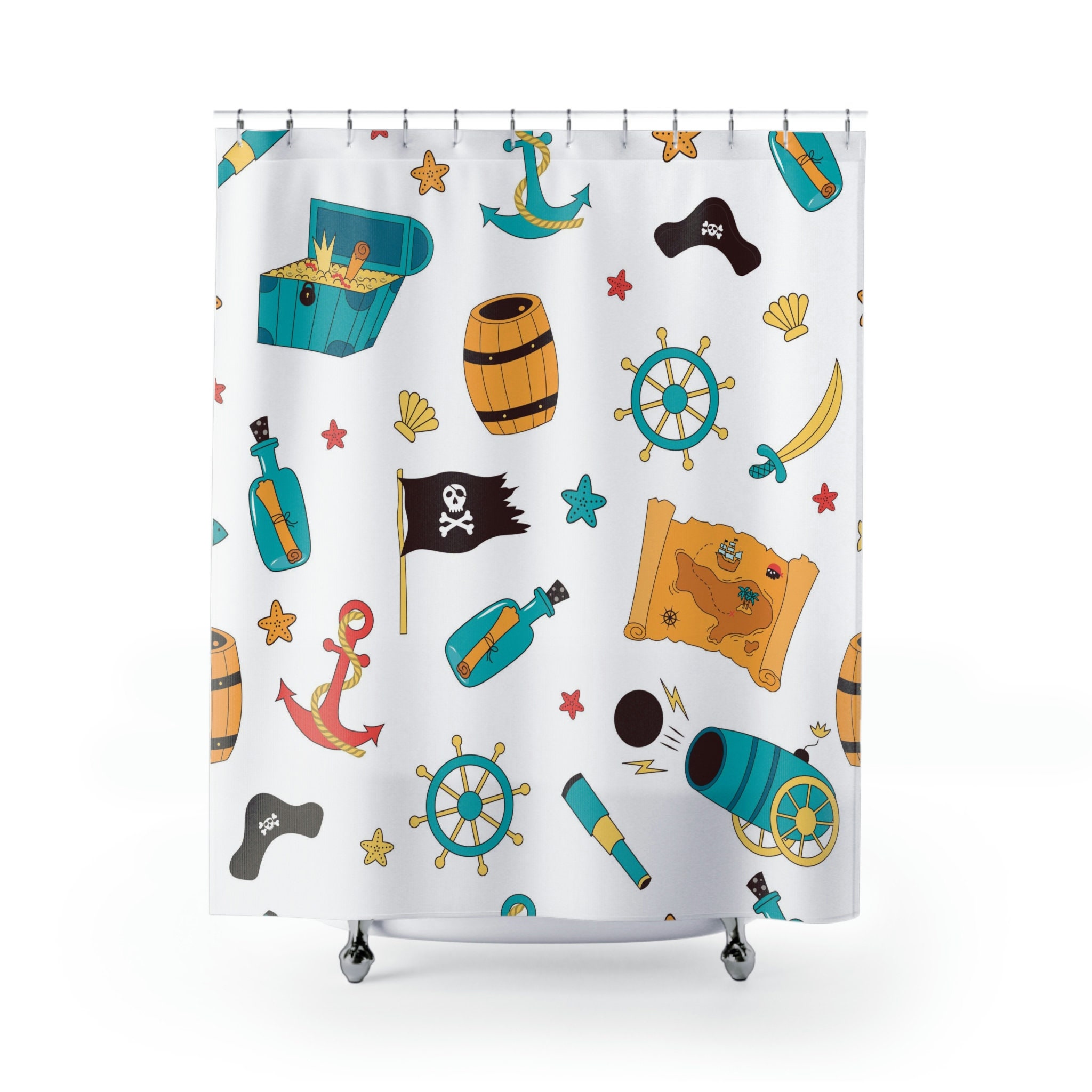 Pirate-Themed Shower Curtain with Nautical Print - Sea Sailor & Ocean Theme Bathroom Decor - Image 2