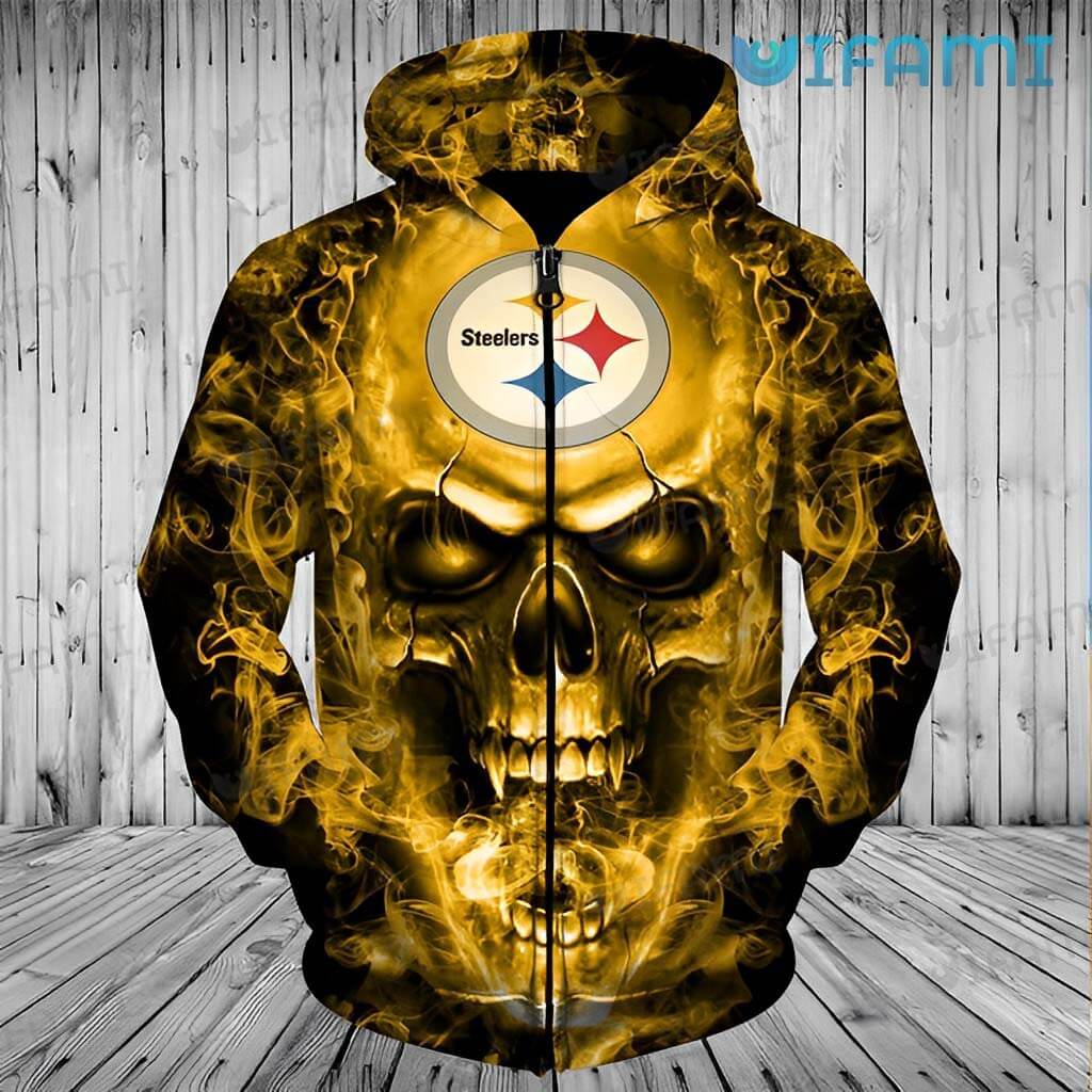 Pittsburgh Steelers Burning Skull Logo All Over Print Zip Up Hoodie
