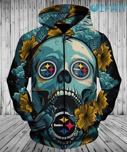 Pittsburgh Steelers Flower All Over Print 3D Hoodie with Skull Logo