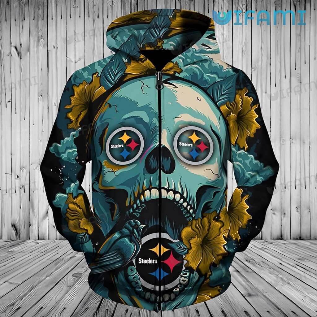 Pittsburgh Steelers Flower All Over Print 3D Hoodie with Skull Logo