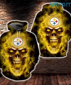 Pittsburgh Steelers Skull All Over Print Hoodie with Open Mouth Fire