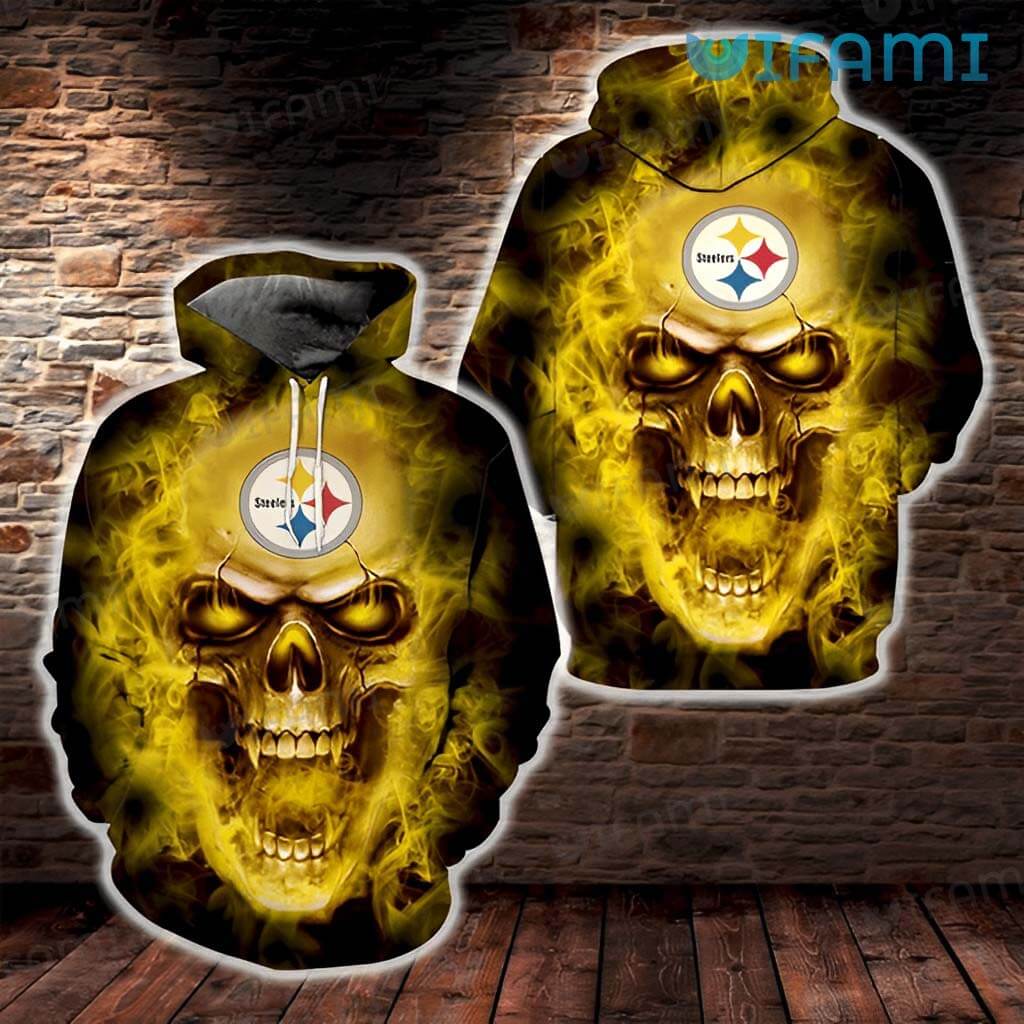 Pittsburgh Steelers Skull All Over Print Hoodie with Open Mouth Fire