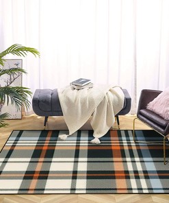 Plaid 70s Style Orange Blue Brown Beige Herringbone Area Rug - Modern Carpet Non-Slip Home Décor