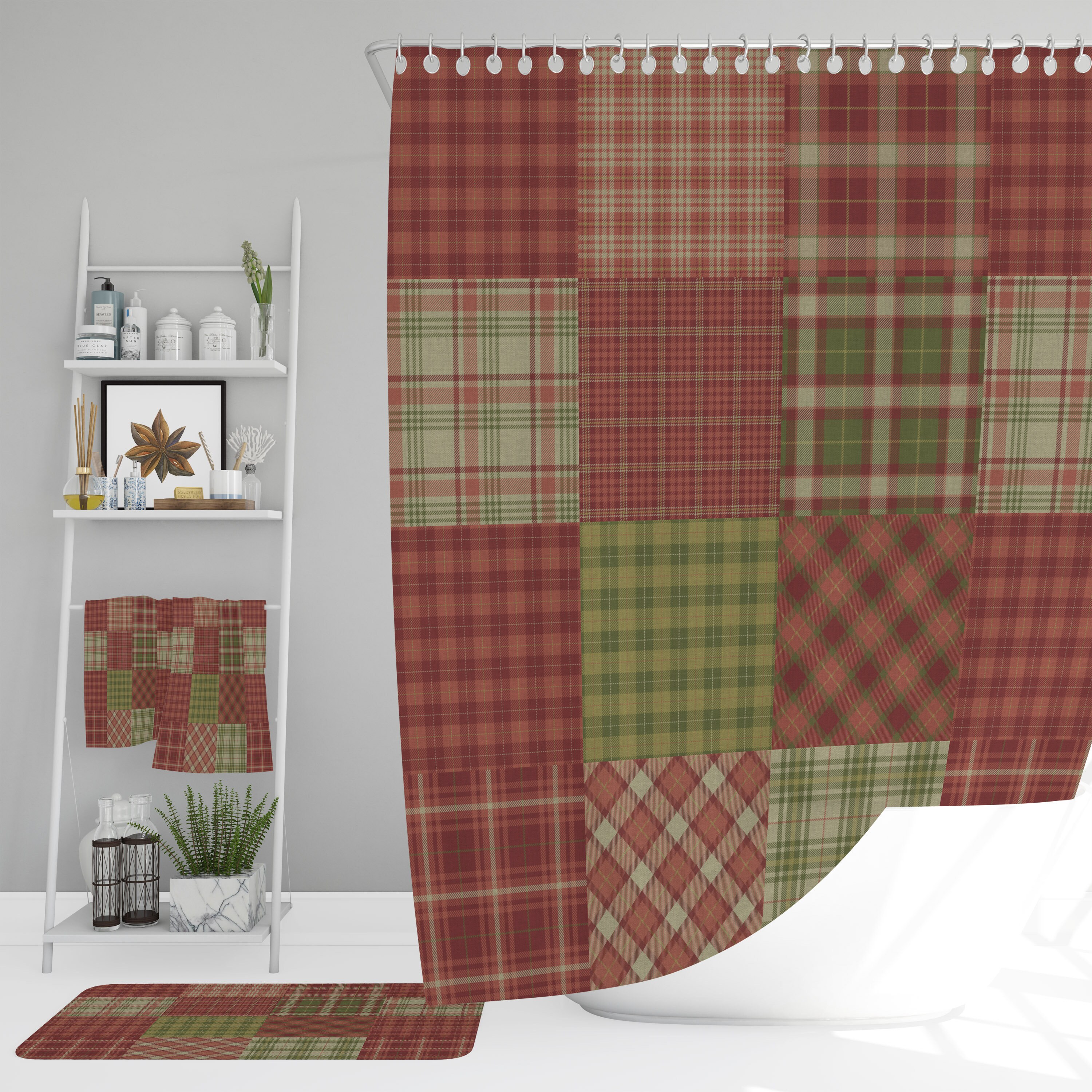 Plaid Autumn Shower Curtain, Optional Bath Mats and Towels for Rustic Bathroom Decor with Restroom Shower Curtains
