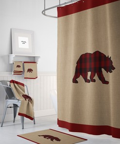 Plaid Lumberjack Bear Shower Curtain with Cozy Woodland Decor