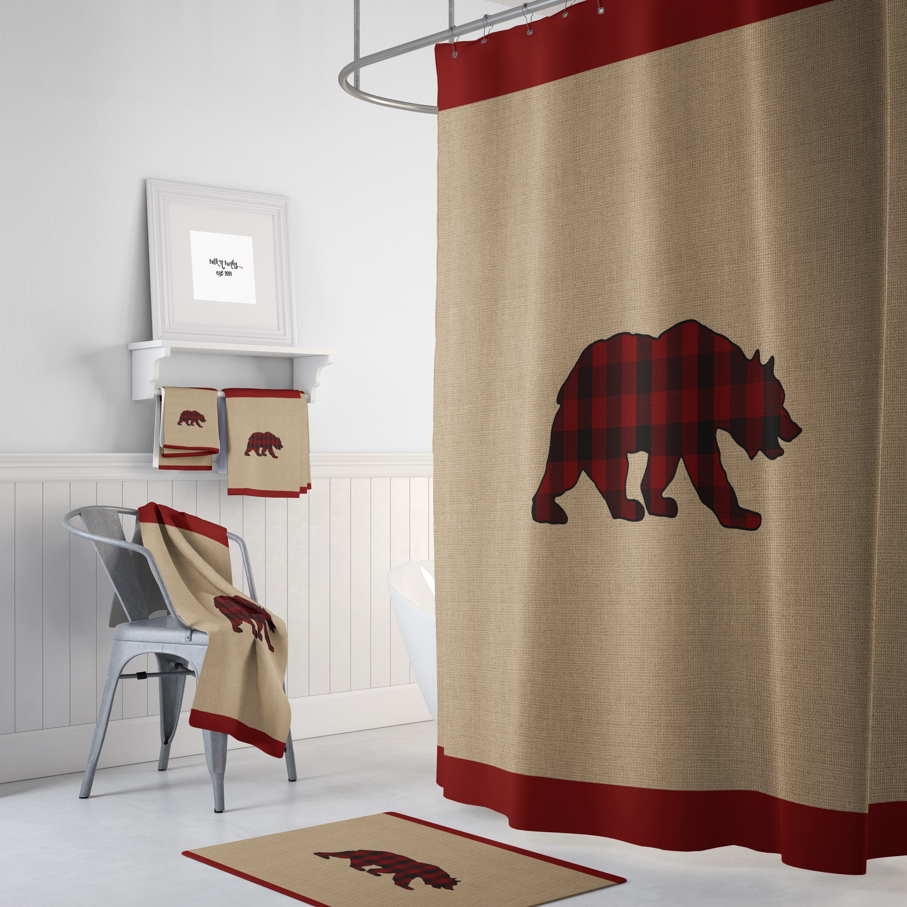 Plaid Lumberjack Bear Shower Curtain with Cozy Woodland Decor