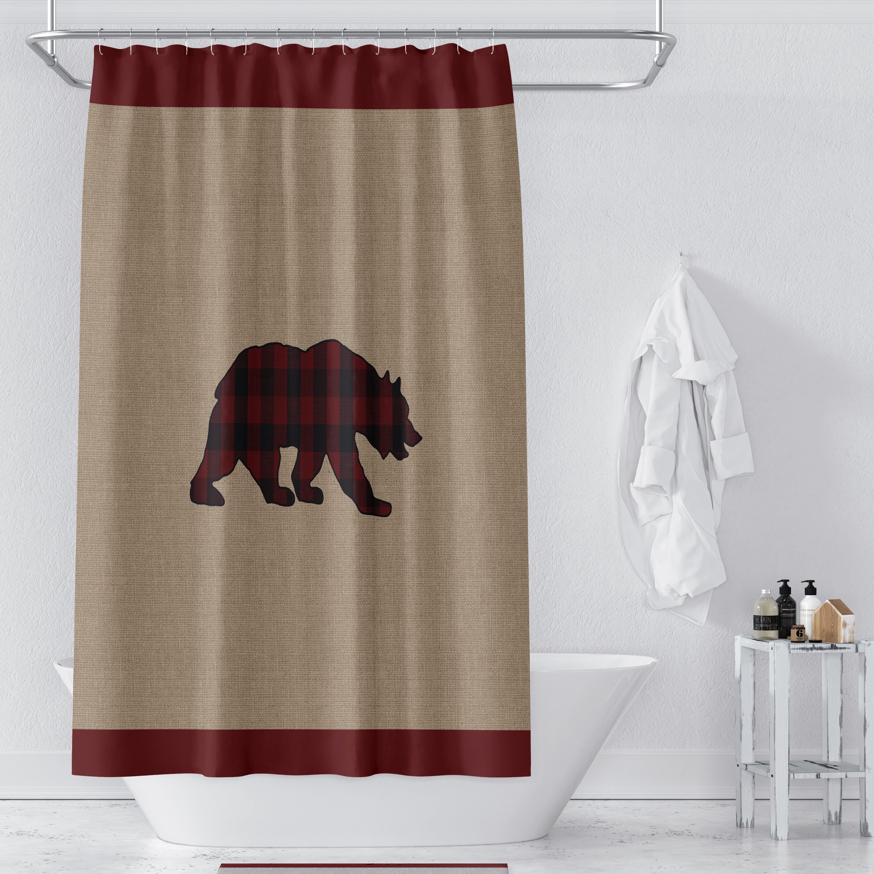 Plaid Lumberjack Bear Shower Curtain with Cozy Woodland Decor - Image 2